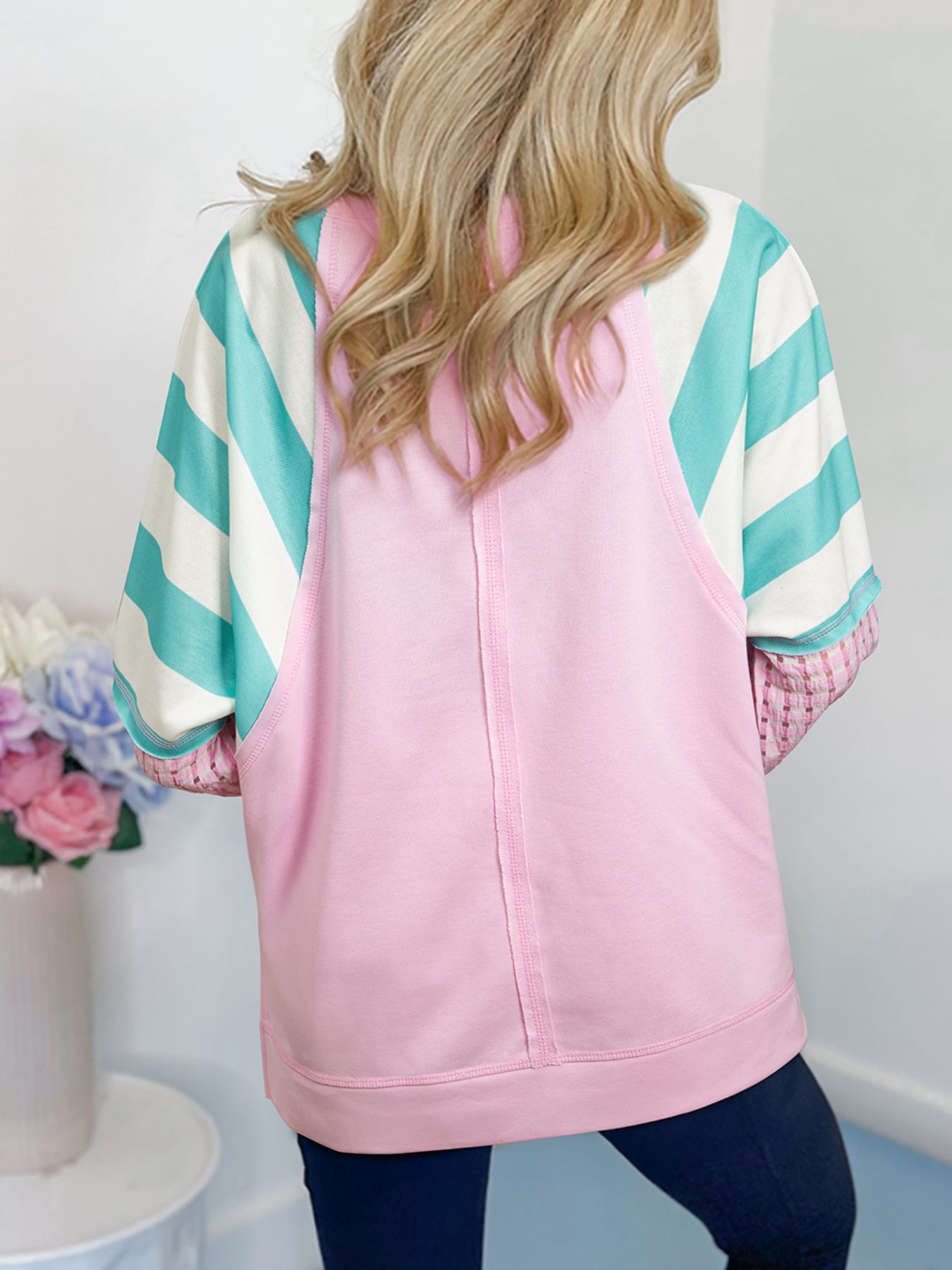 Striped Color Block Patchwork Raglan Sleeve Top with Slits