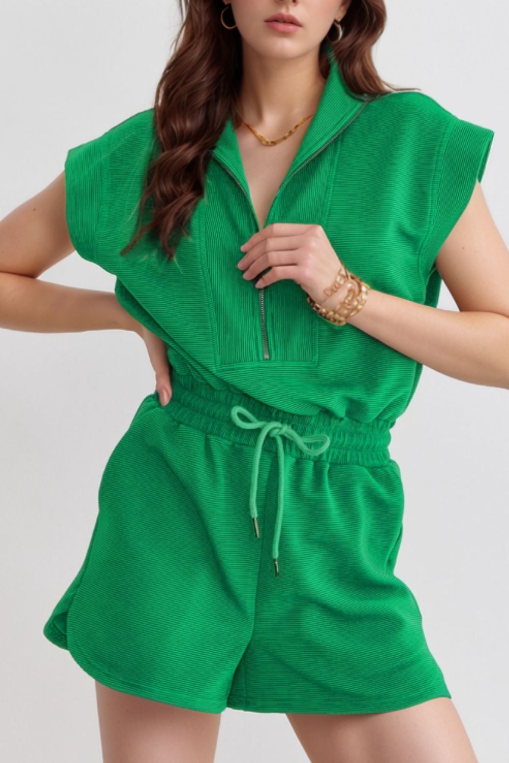 Drawstring Waist Half Zip Romper