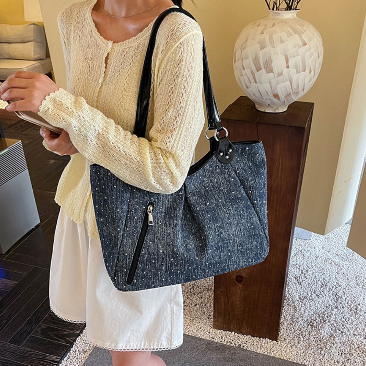Polka Dot Denim Shoulder Bag 3