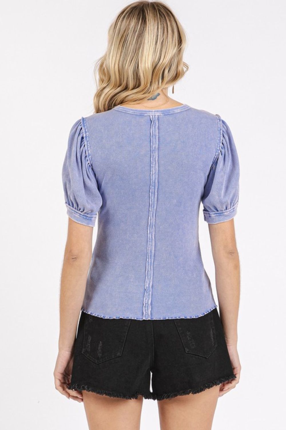 Mineral Wash Puff Sleeve Rib Knit Top