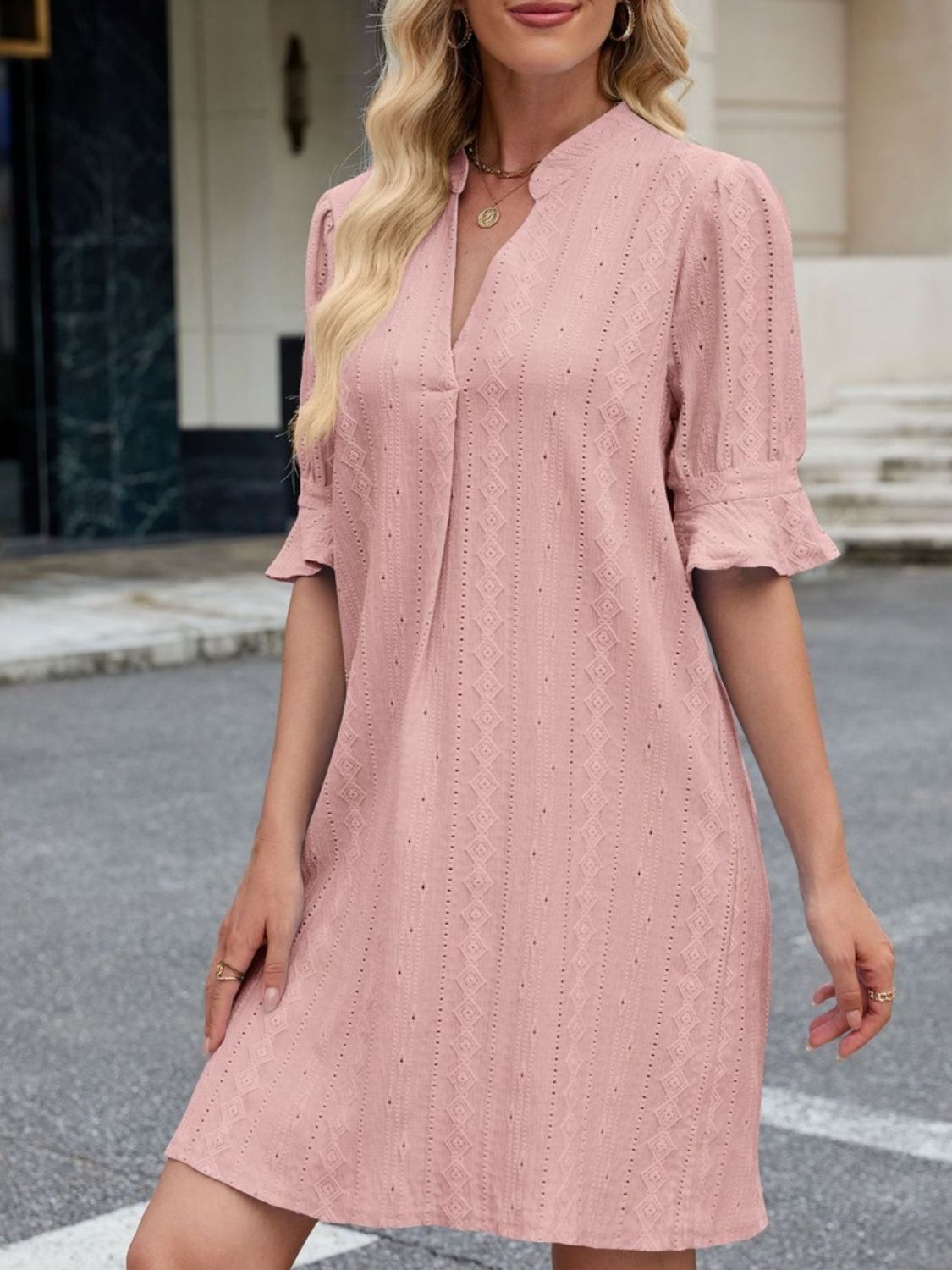 Eyelet Flounce Sleeve Mini Dress