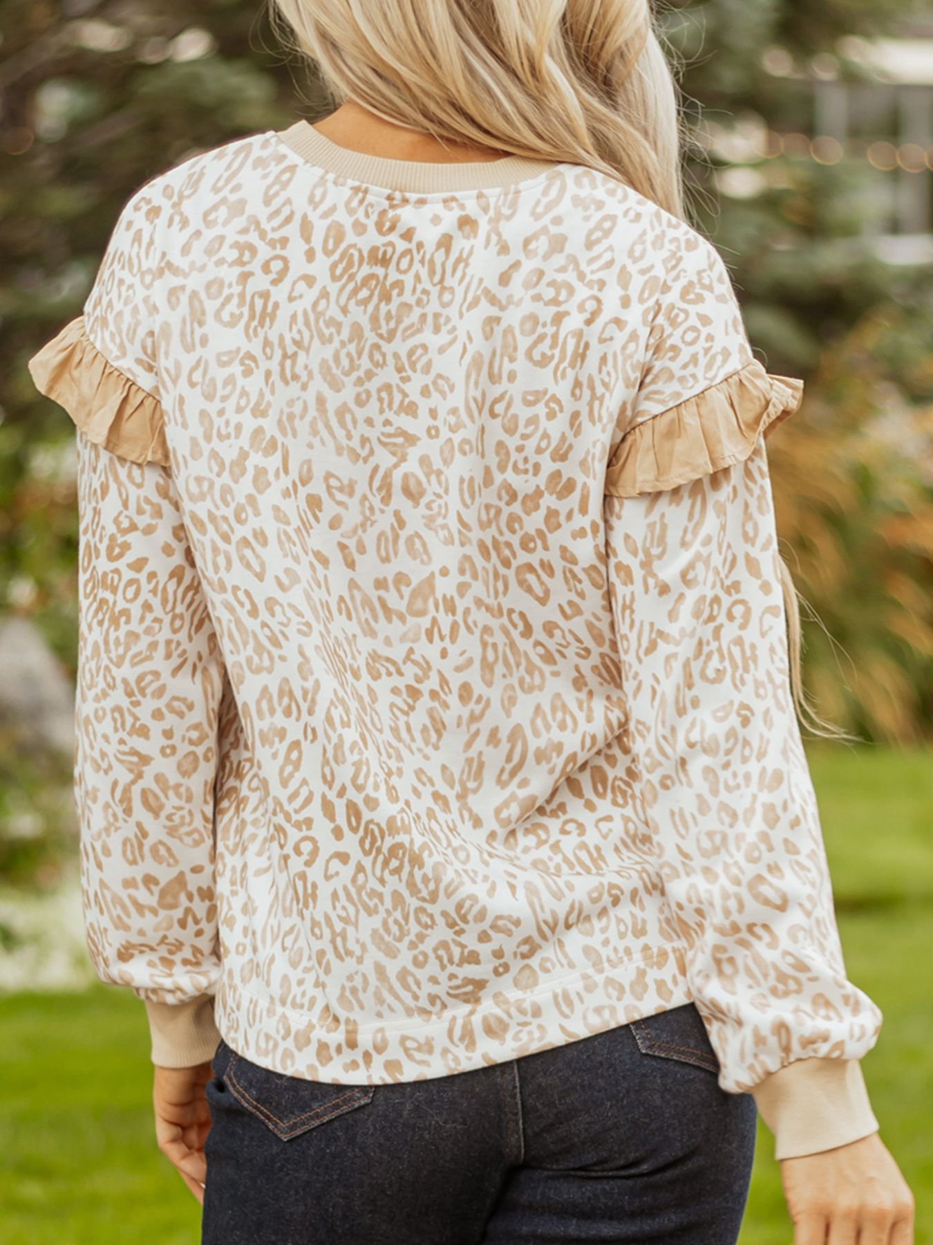Leopard Ruffle Detail Ribbed Trim Round Neck Sweatshirt