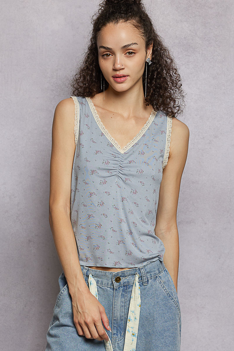 Ruched Floral V-Neck Tank with Lace Detail