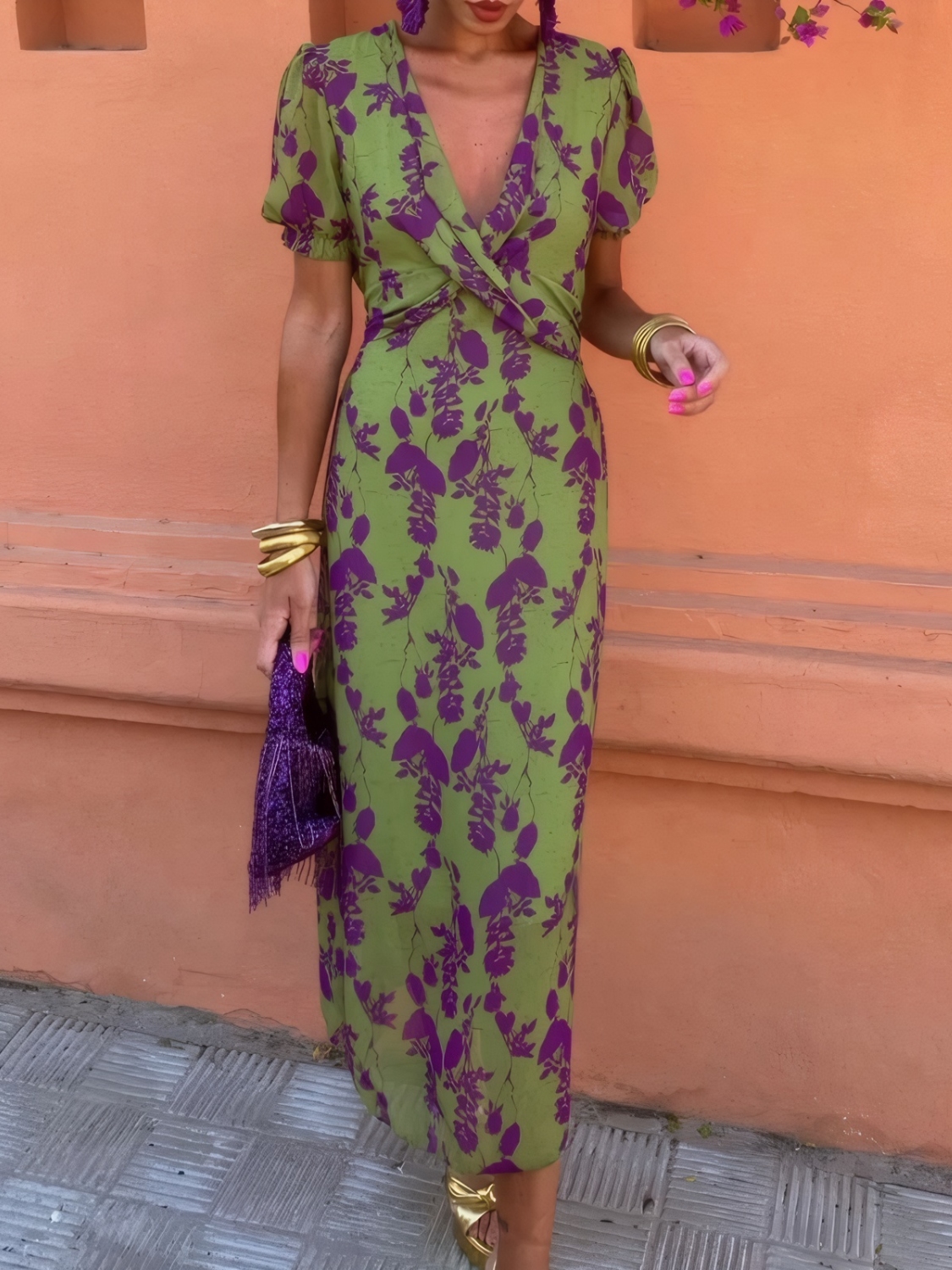 Printed Plunge Short Sleeve Midi Dress