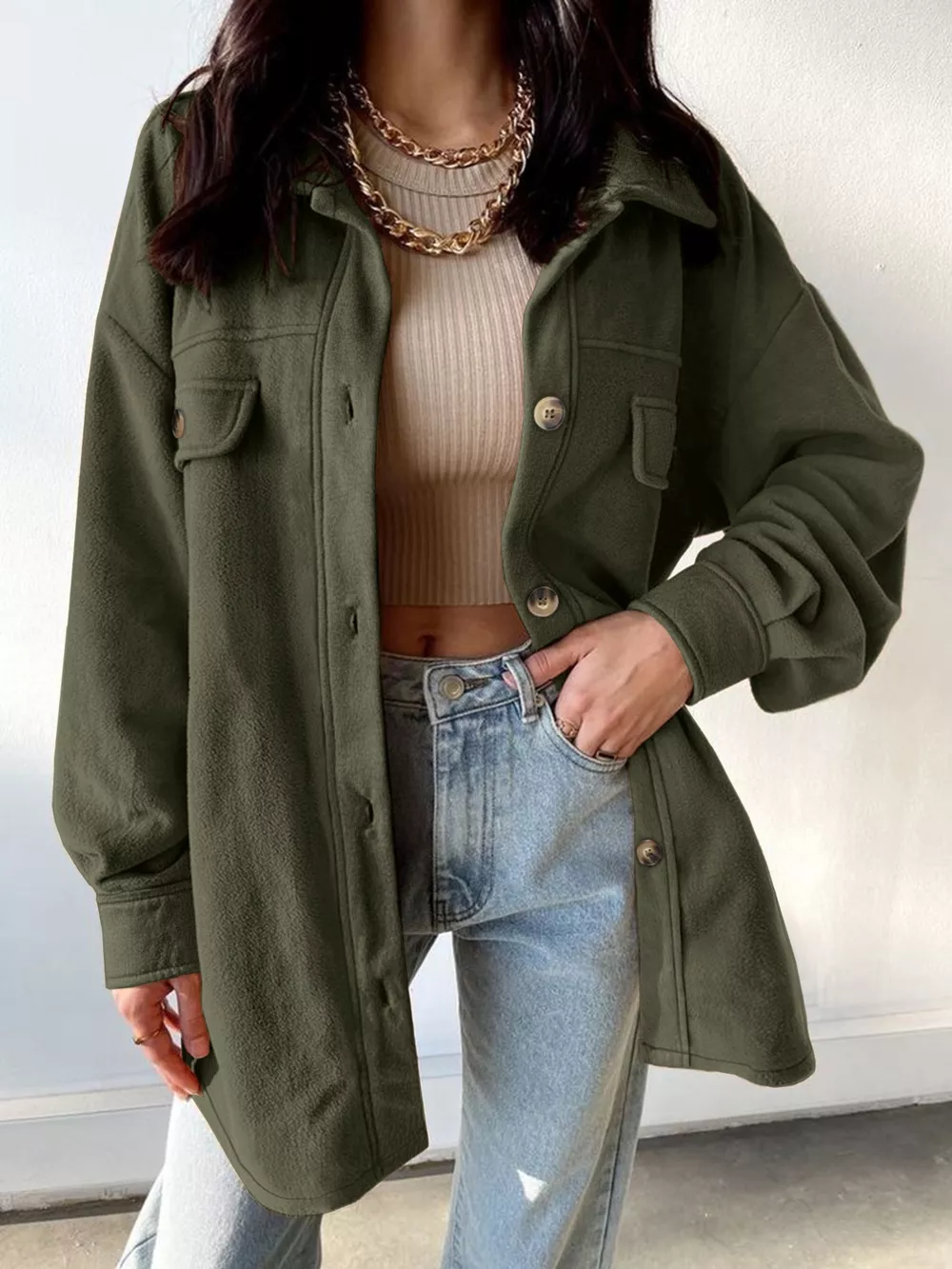 Plus Size Button-Down Dropped Shoulder Shacket