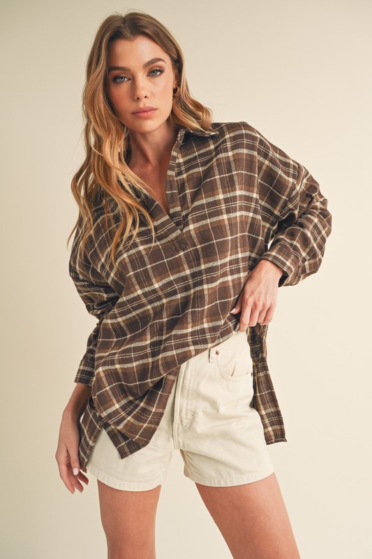 Side Slit High-Low Plaid Long Sleeve Polo Shirt