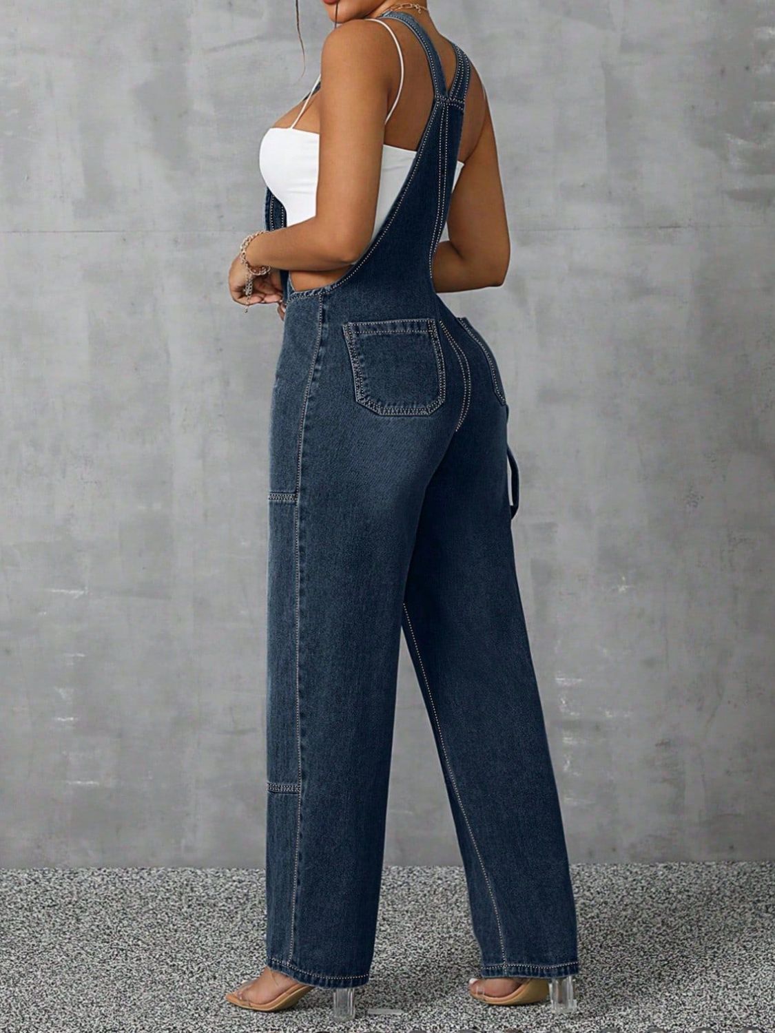 Zip Front Wide Strap Denim Overalls