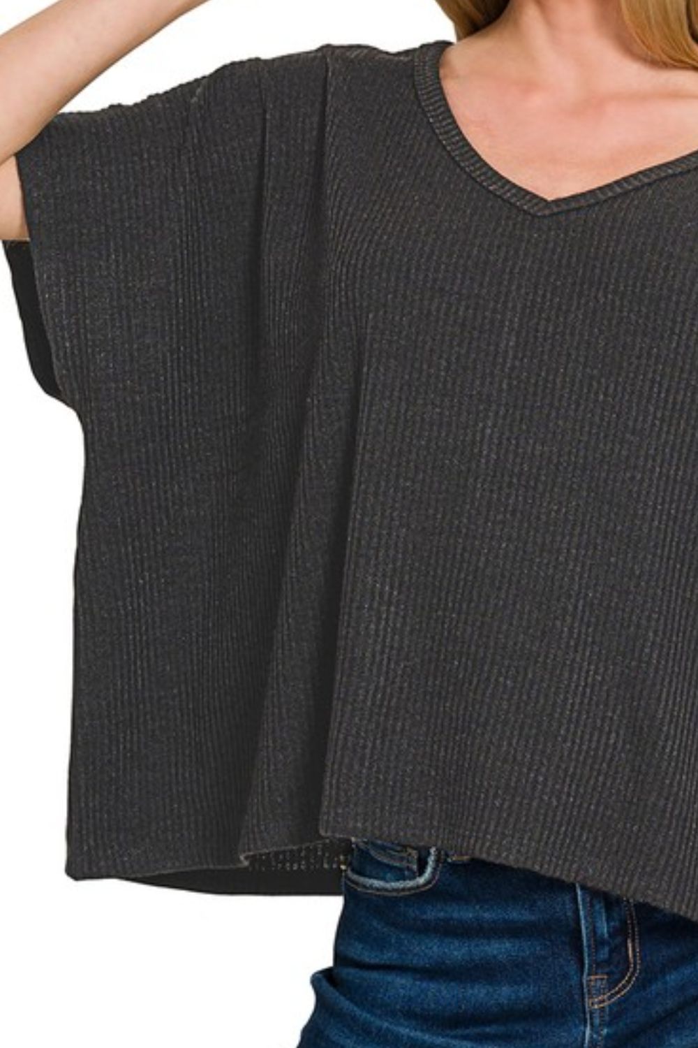 Ribbed V-Neck Short-Sleeve Knit Top