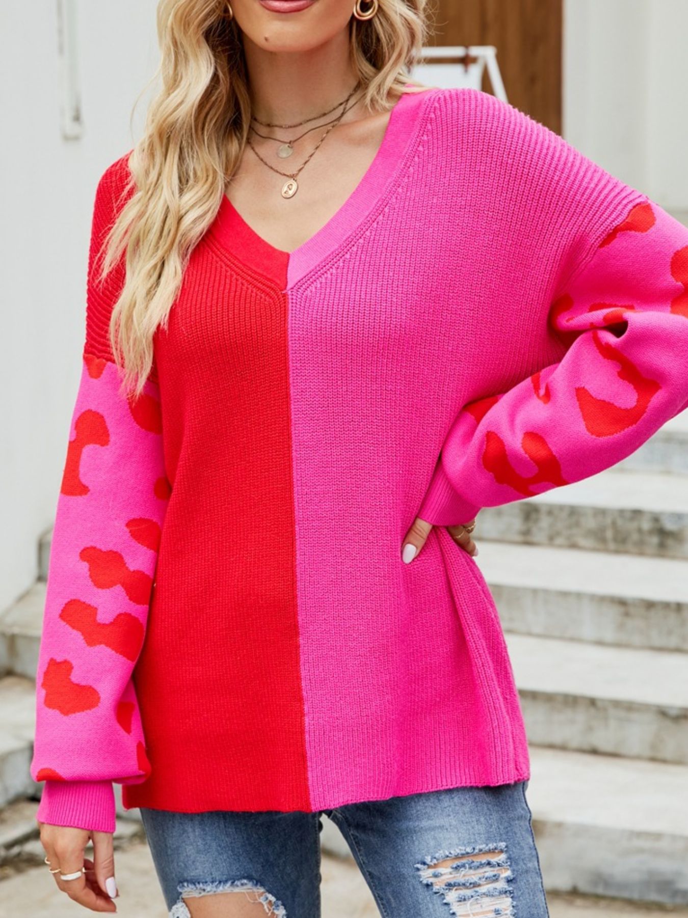 Color Block Leopard V-Neck Sweater