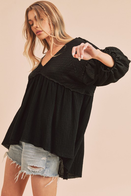 High-Low Frayed Hem V-Neck Blouse