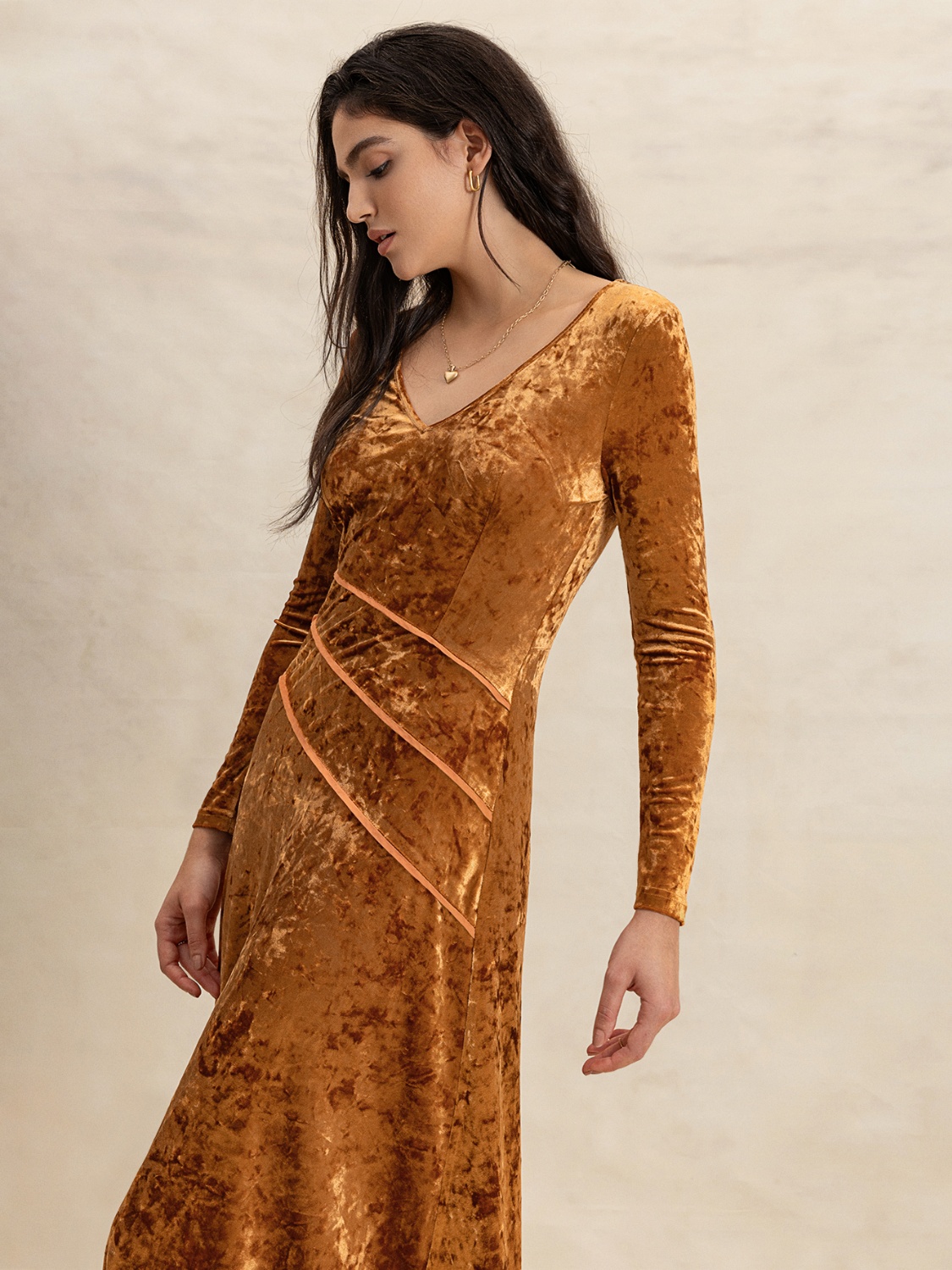 V-Neck Long Sleeve Midi Dress