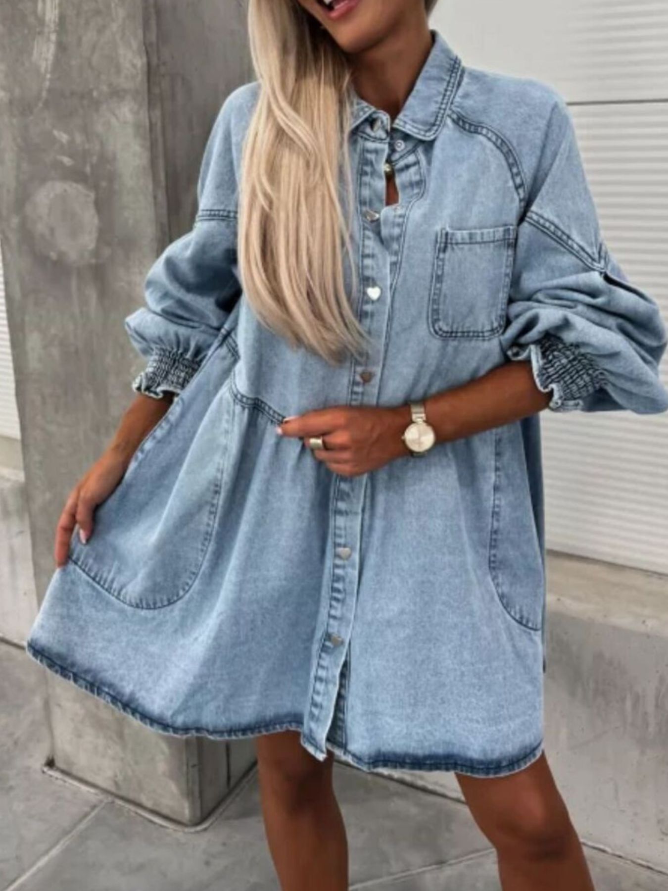 Oversized Long Sleeve Button-Up Denim Dress