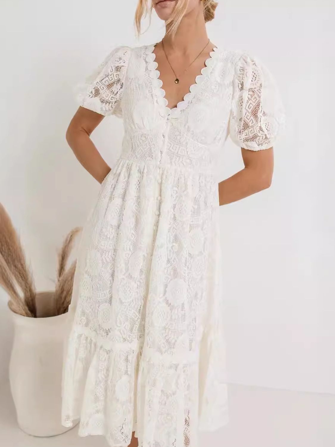 Lace V-Neck Short Sleeve Dress