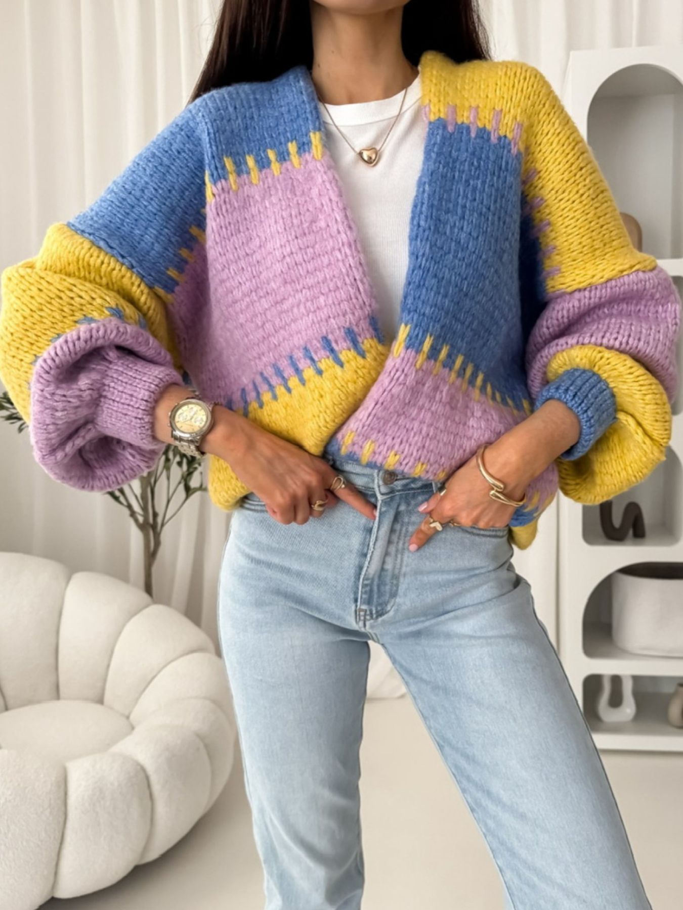 Color Block Open Front Cardigan