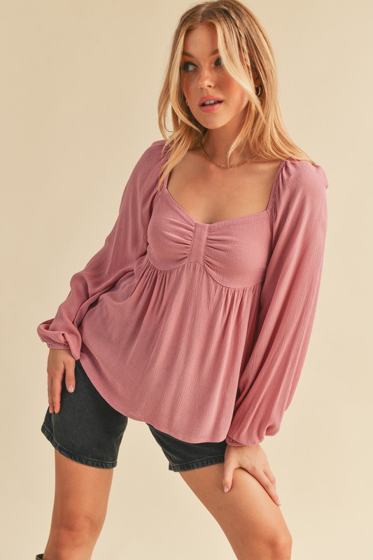 Ruched Sweetheart Neck Balloon Sleeve Blouse