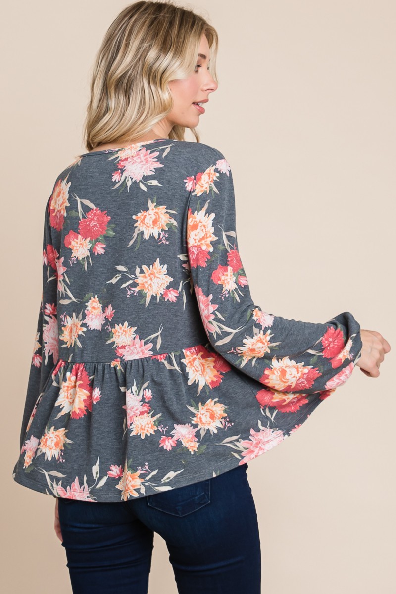 Full Size Babydoll Floral Long Sleeve Blouse