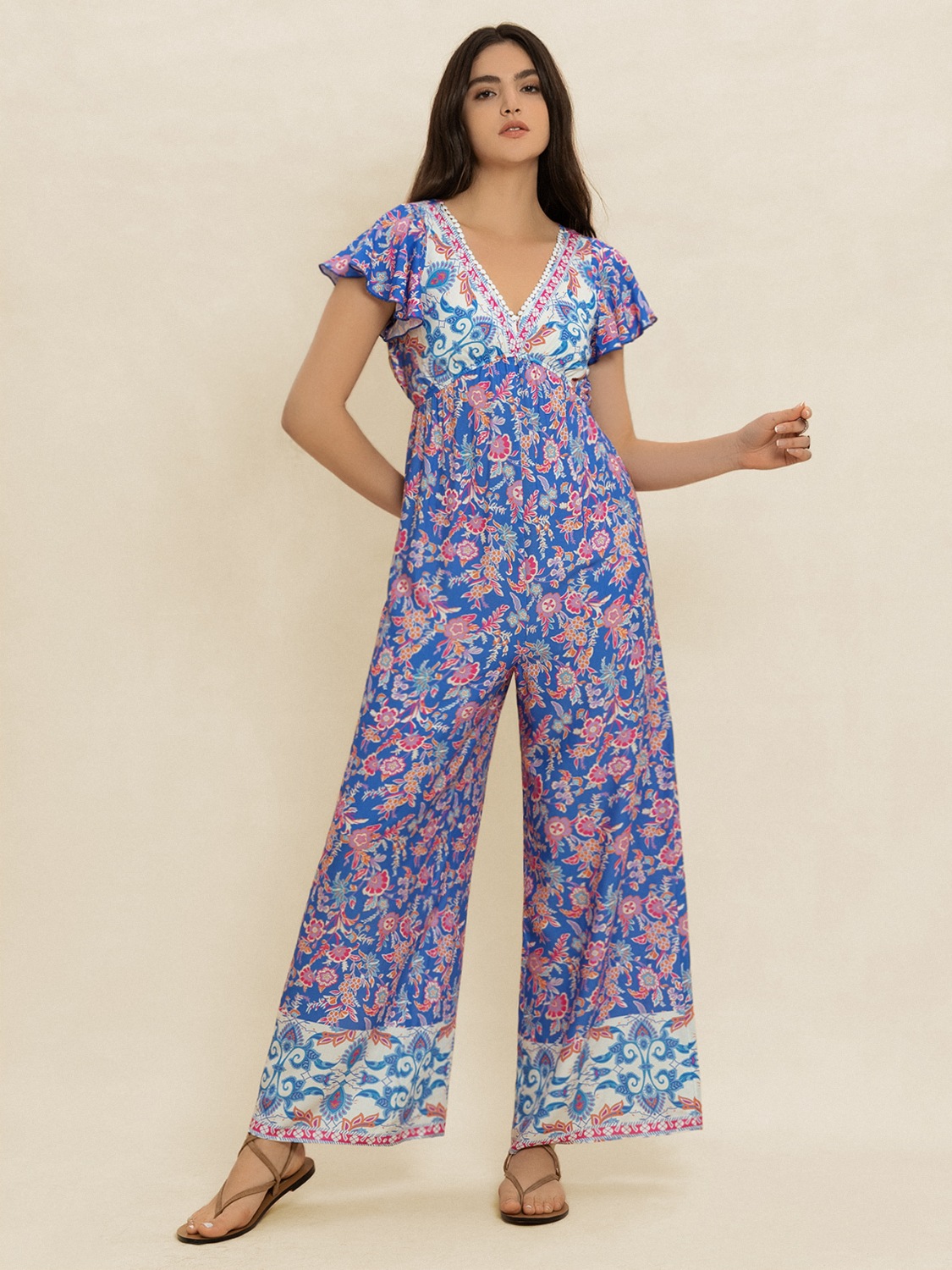 Printed V-Neck Wide Leg Jumpsuit