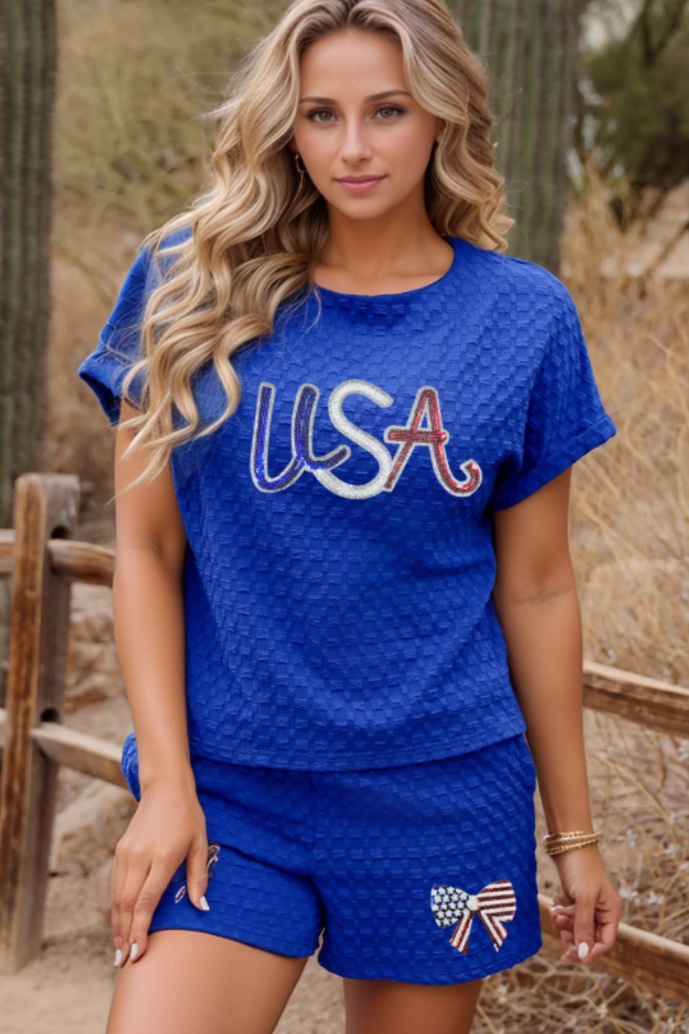 Textured Sequined USA Top and Bowknot Shorts Set