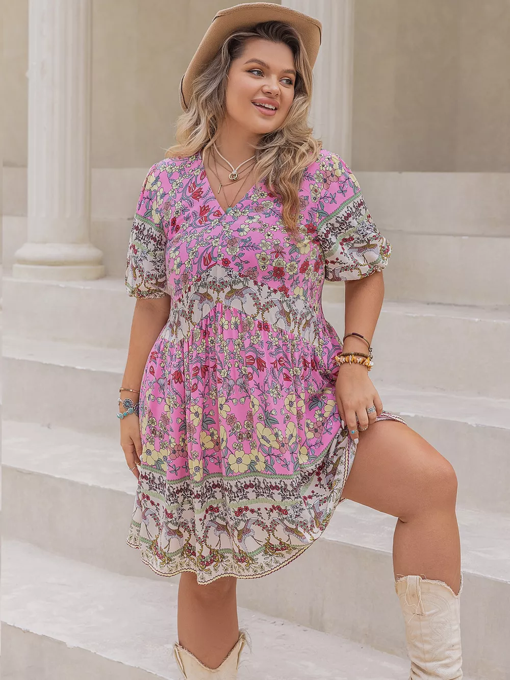 Plus Size Floral Print V-Neck Puff Sleeve Summer Dress
