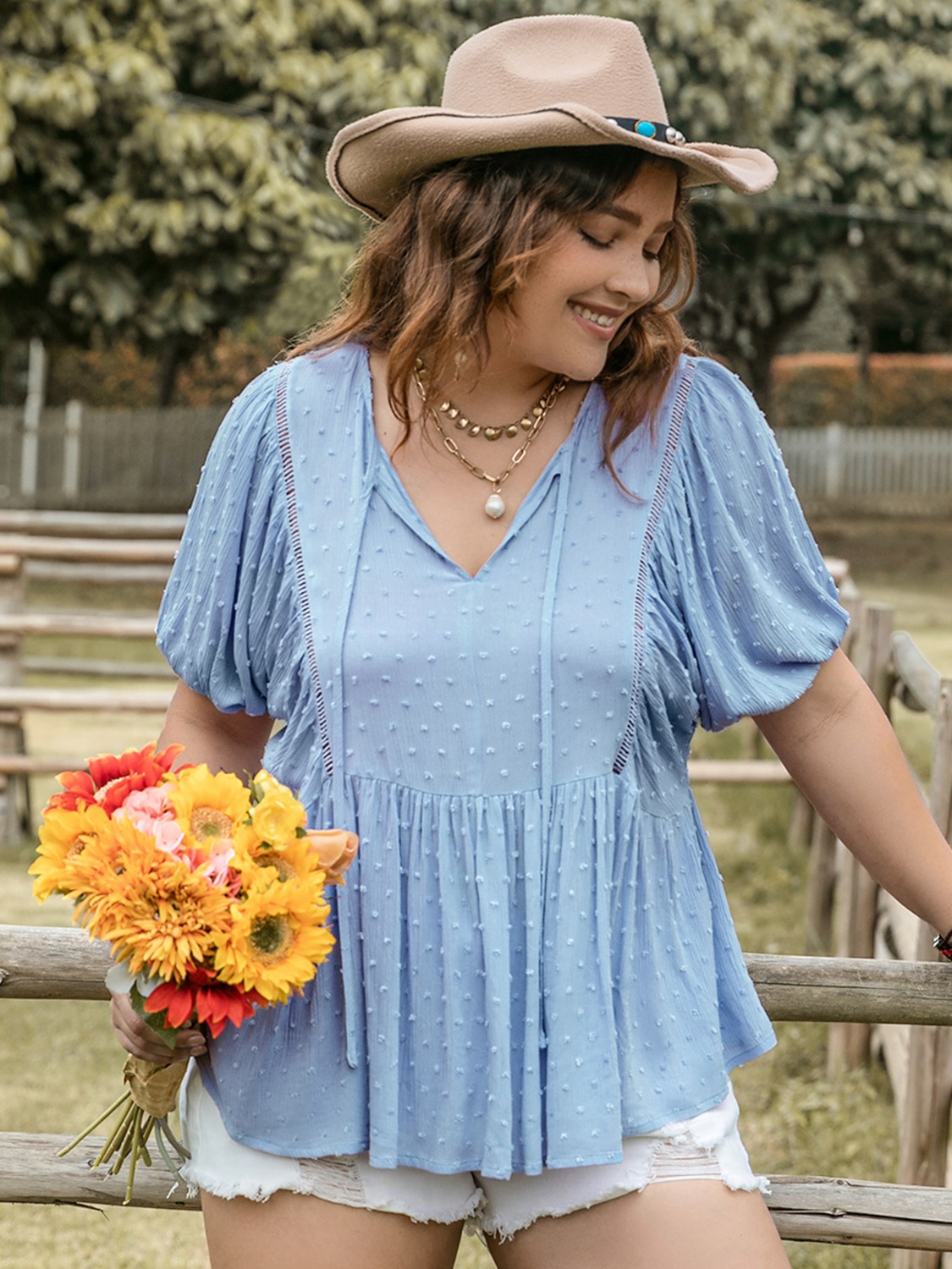 Plus Size Swiss Dot Tie Neck Short Sleeve Blouse