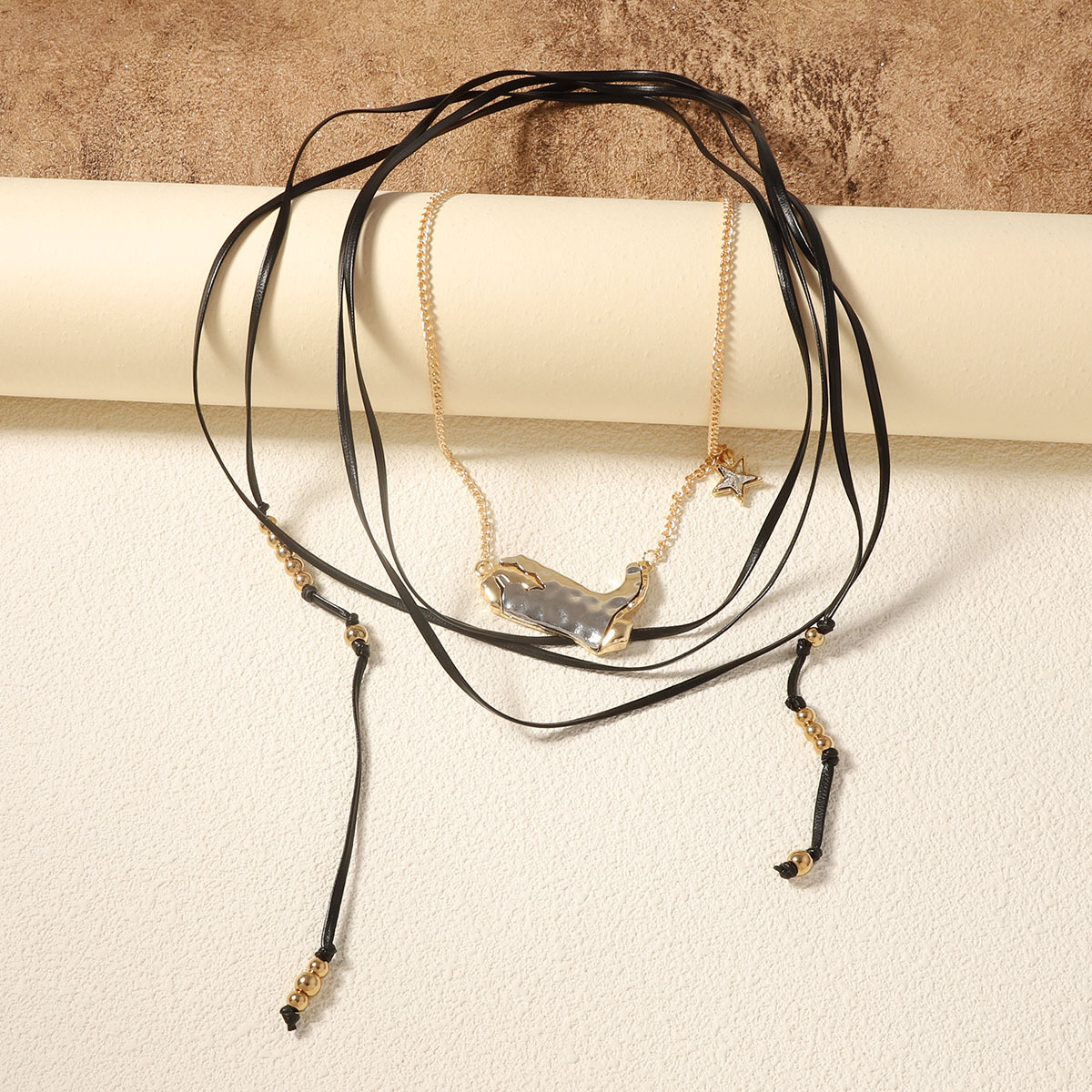 2 Piece Layered Leather Cord Boot Pendant Necklace