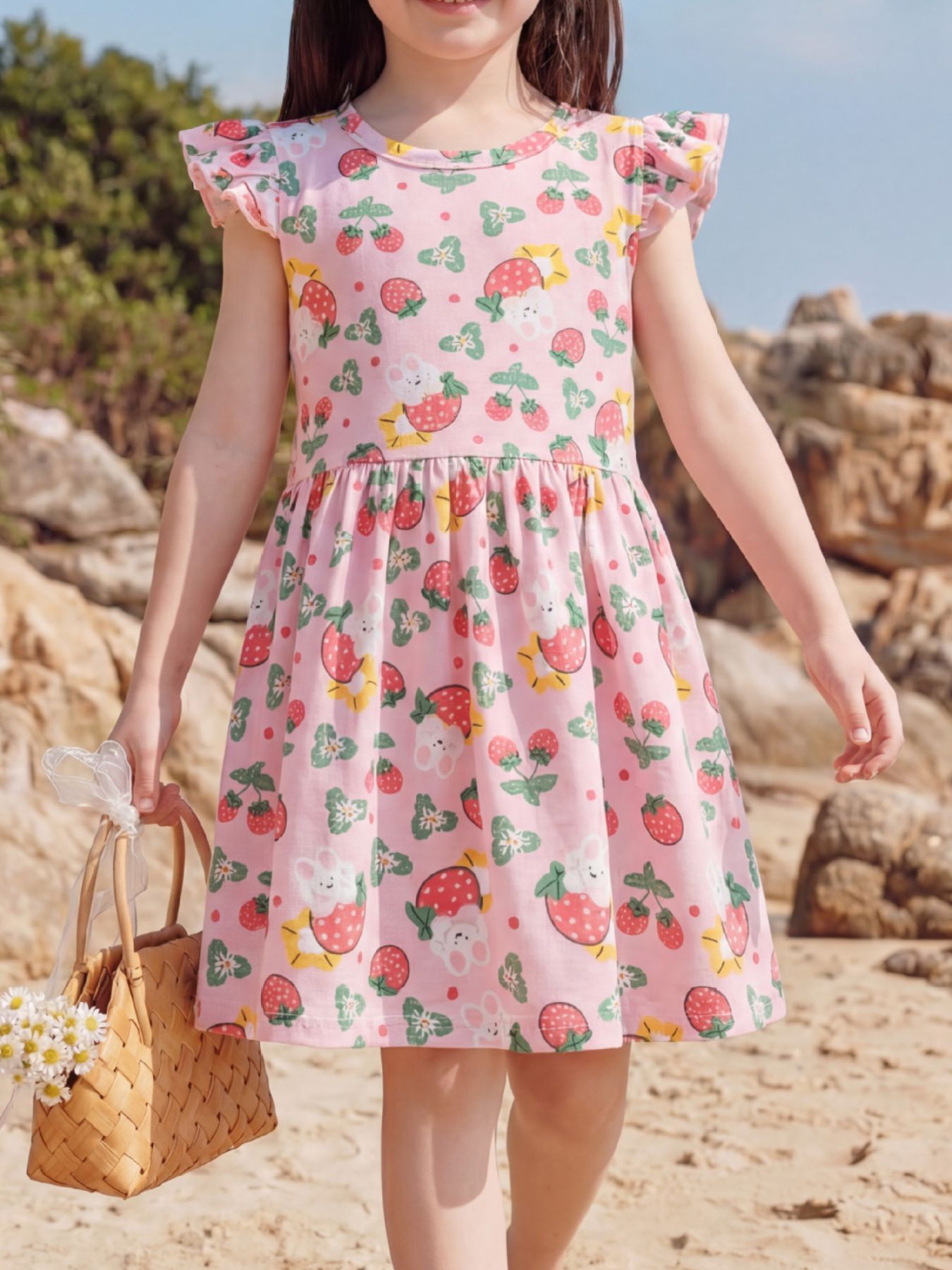 Children's Strawberry Print Ruffle Sleeve Dress 1