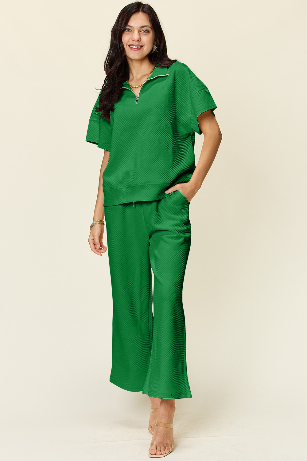 Double Take Texture Half Zip Top and Pants Set