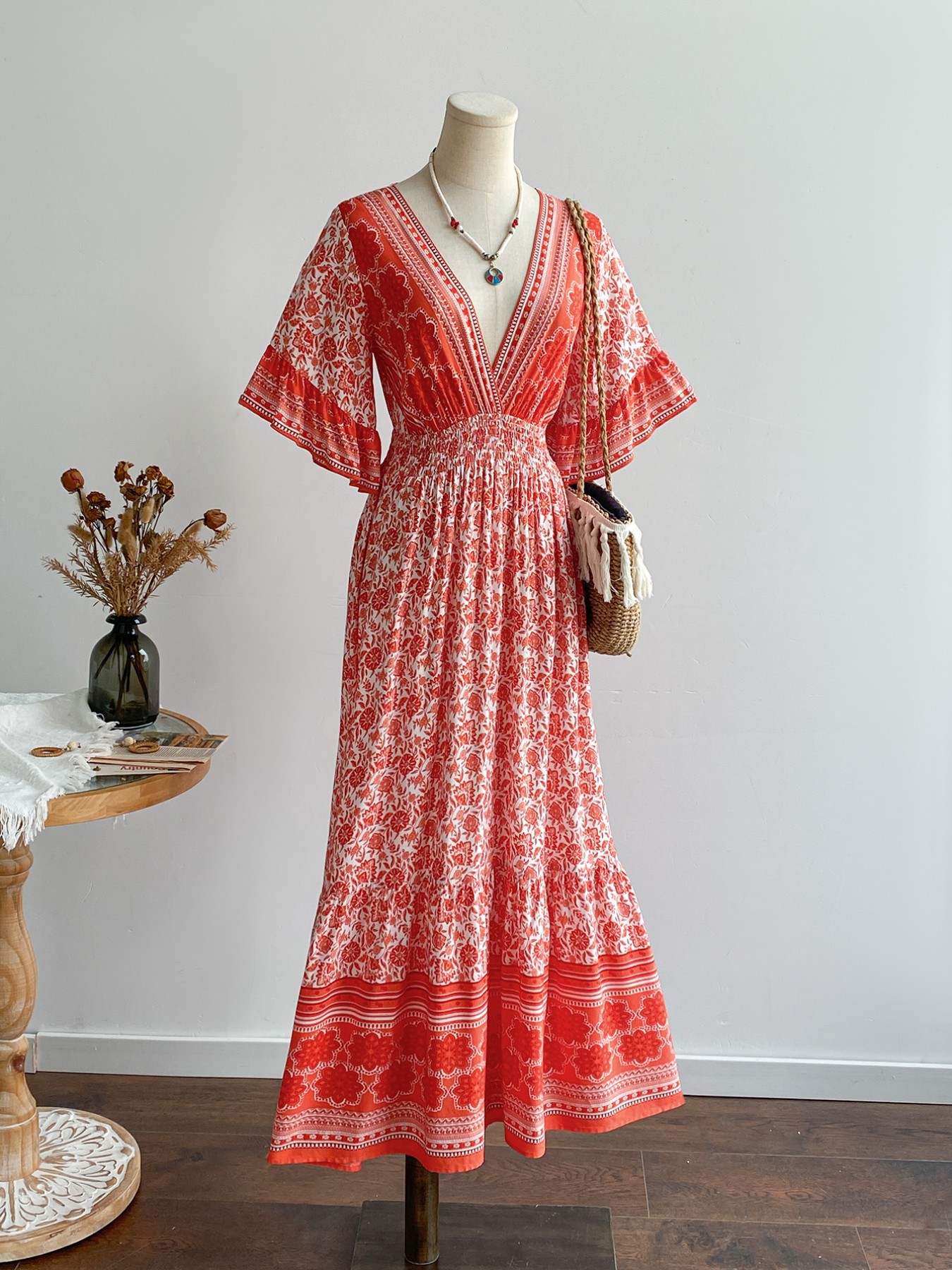 Floral Deep V-Neck Dress