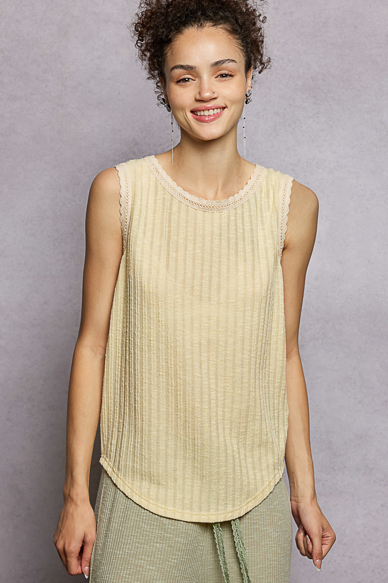 Ribbed Round Neck Tank with Lace Trim