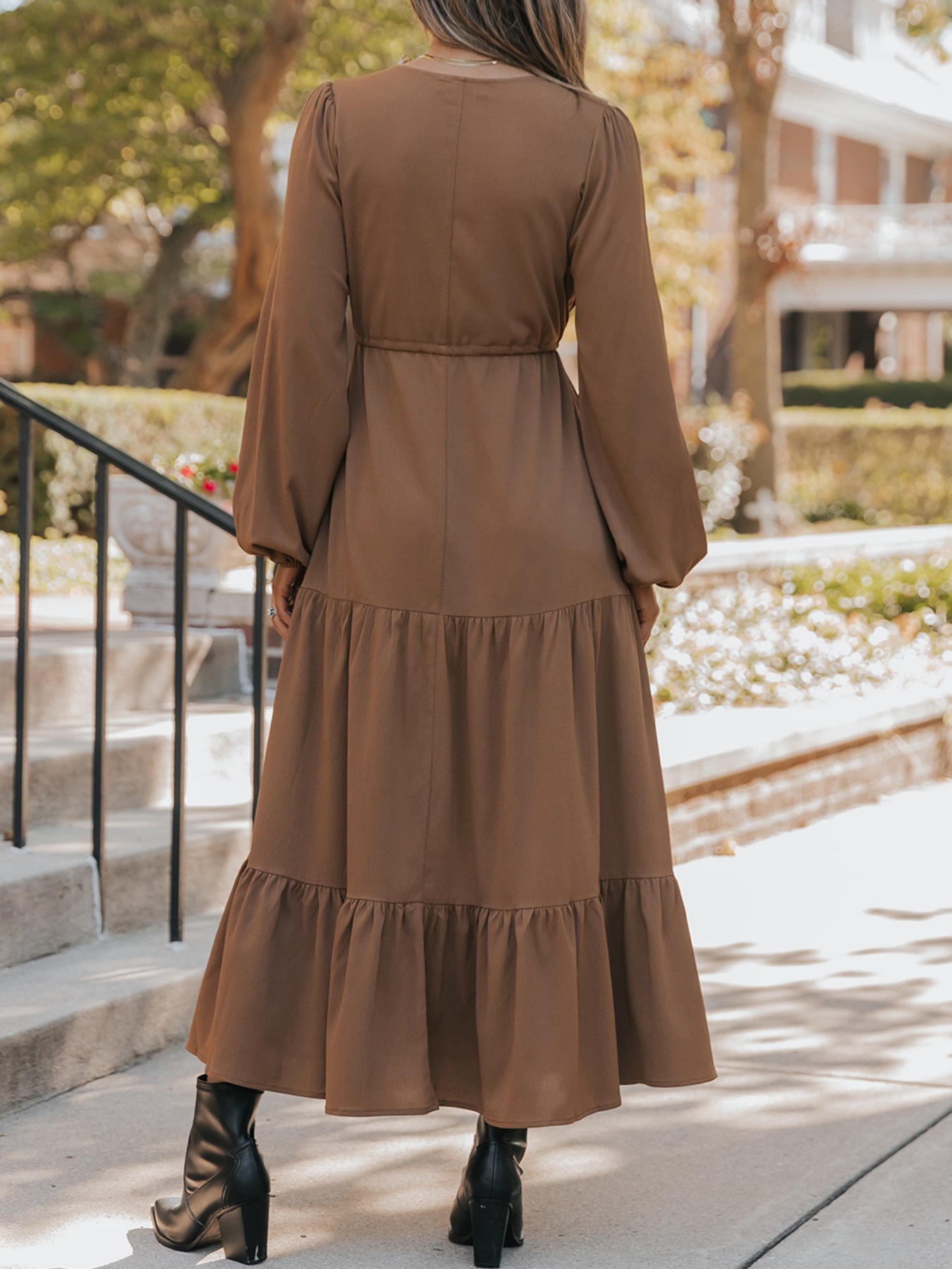 V-Neck Balloon Sleeve Tiered Dress