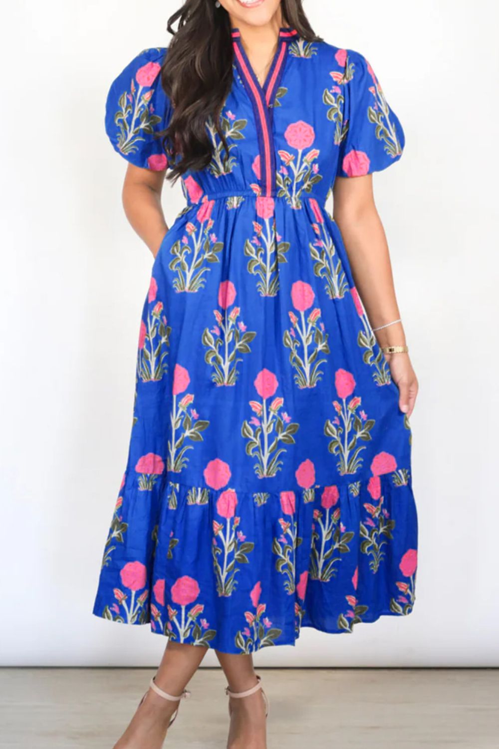 Floral Puff Short Sleeve Notched High Waist Dress