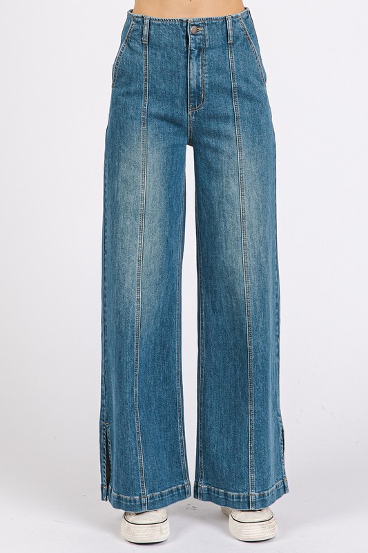 Medium Wash Seam Detail Wide Leg Denim Jeans