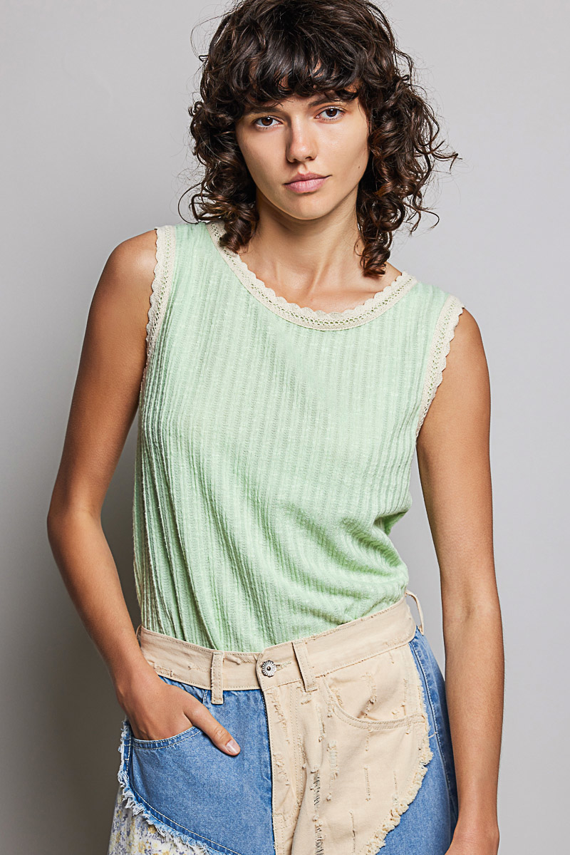 Ribbed Round Neck Tank with Lace Trim