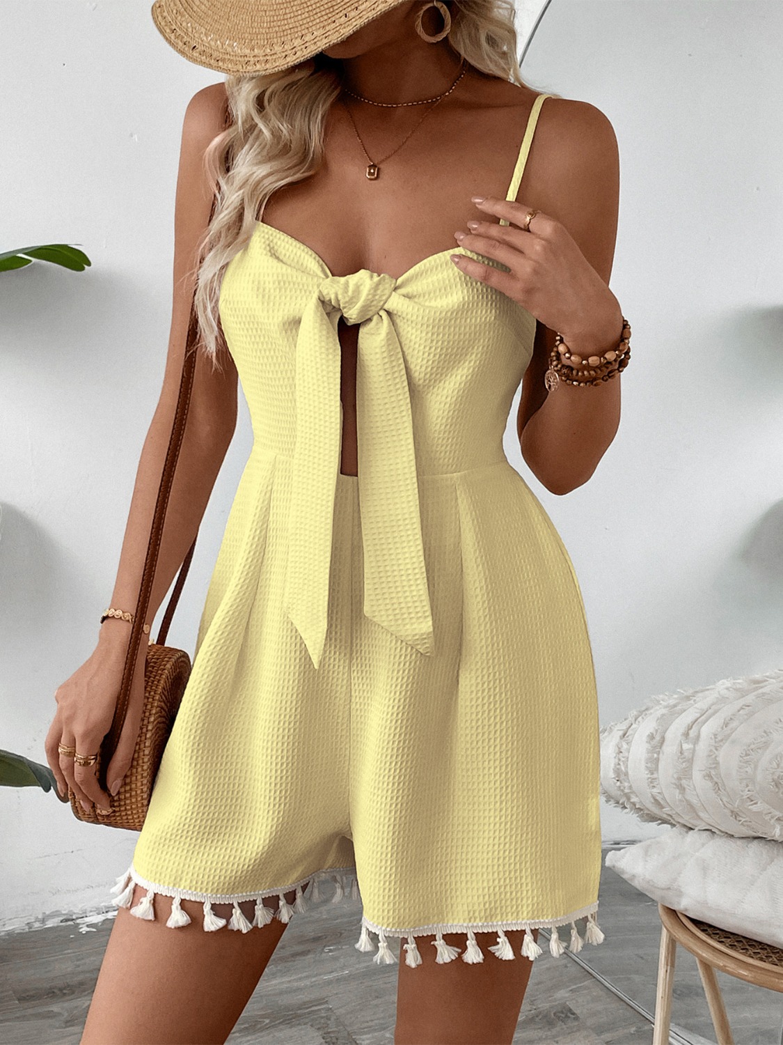 Tie-Front Textured Romper with Tassel Hem