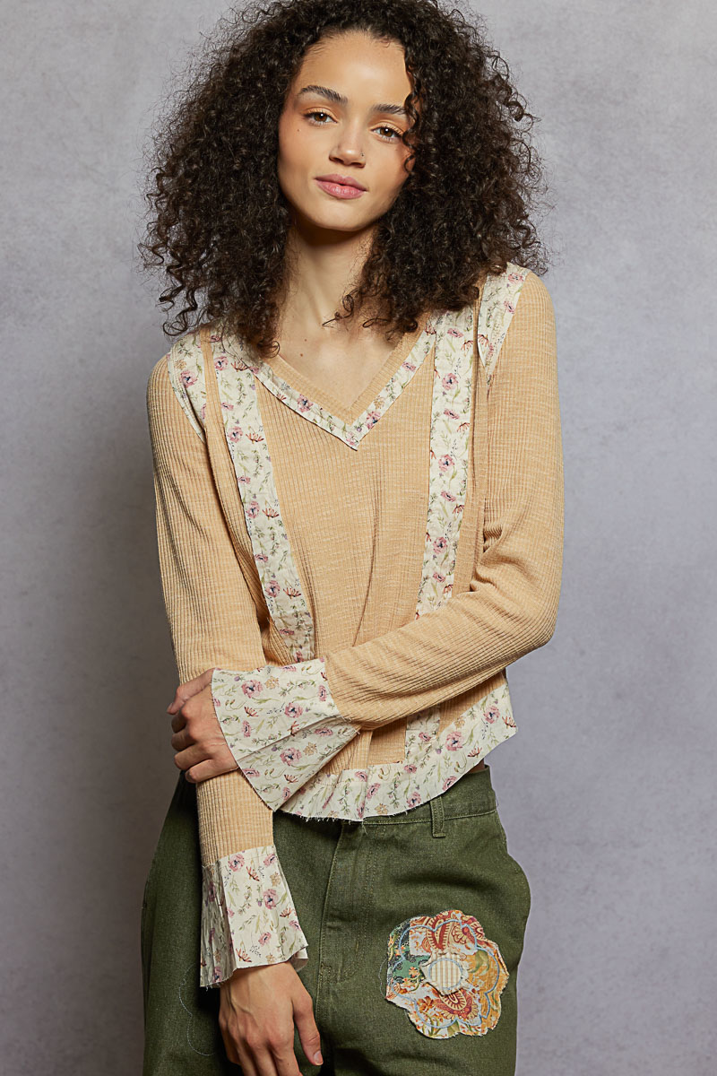 Floral Patch V-Neck Long Sleeve Ribbed Top