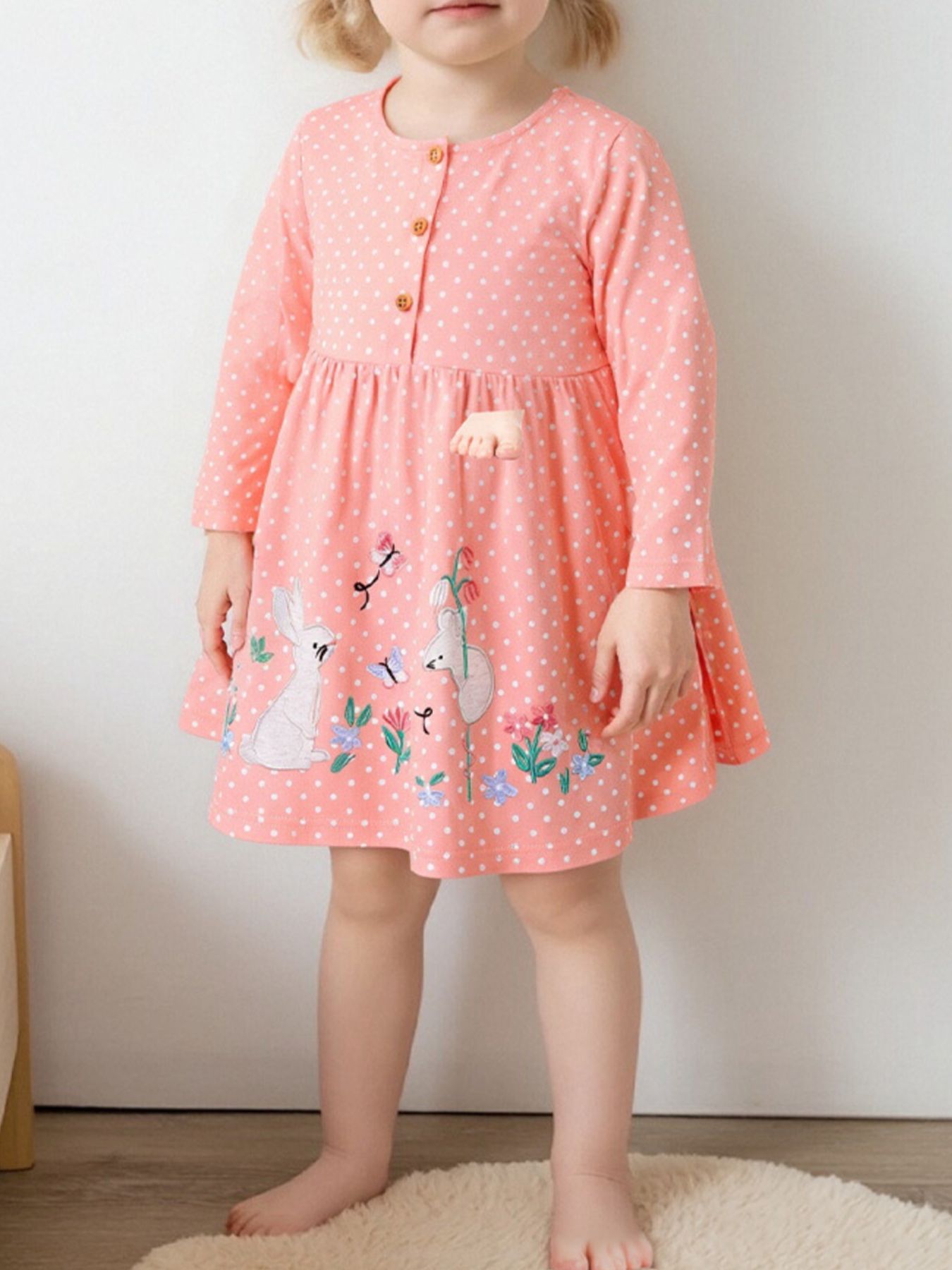 Children's Polka Dot Bunny Long Sleeve Dress 1