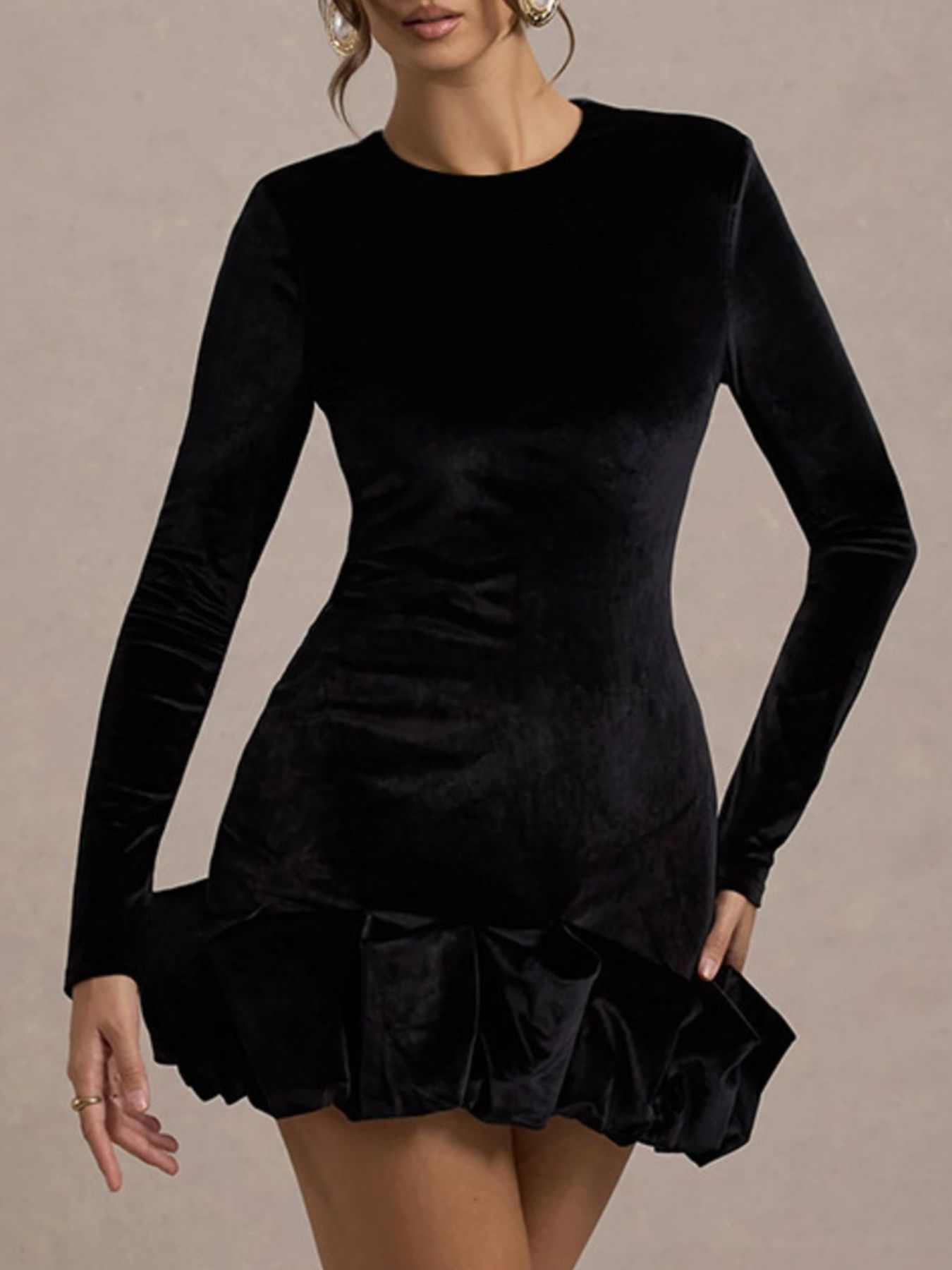 Velvet Ruched Hem Long Sleeve Dress