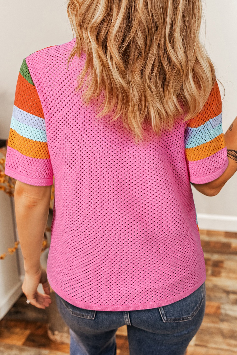 Color Block Eyelet Casual Knit Top