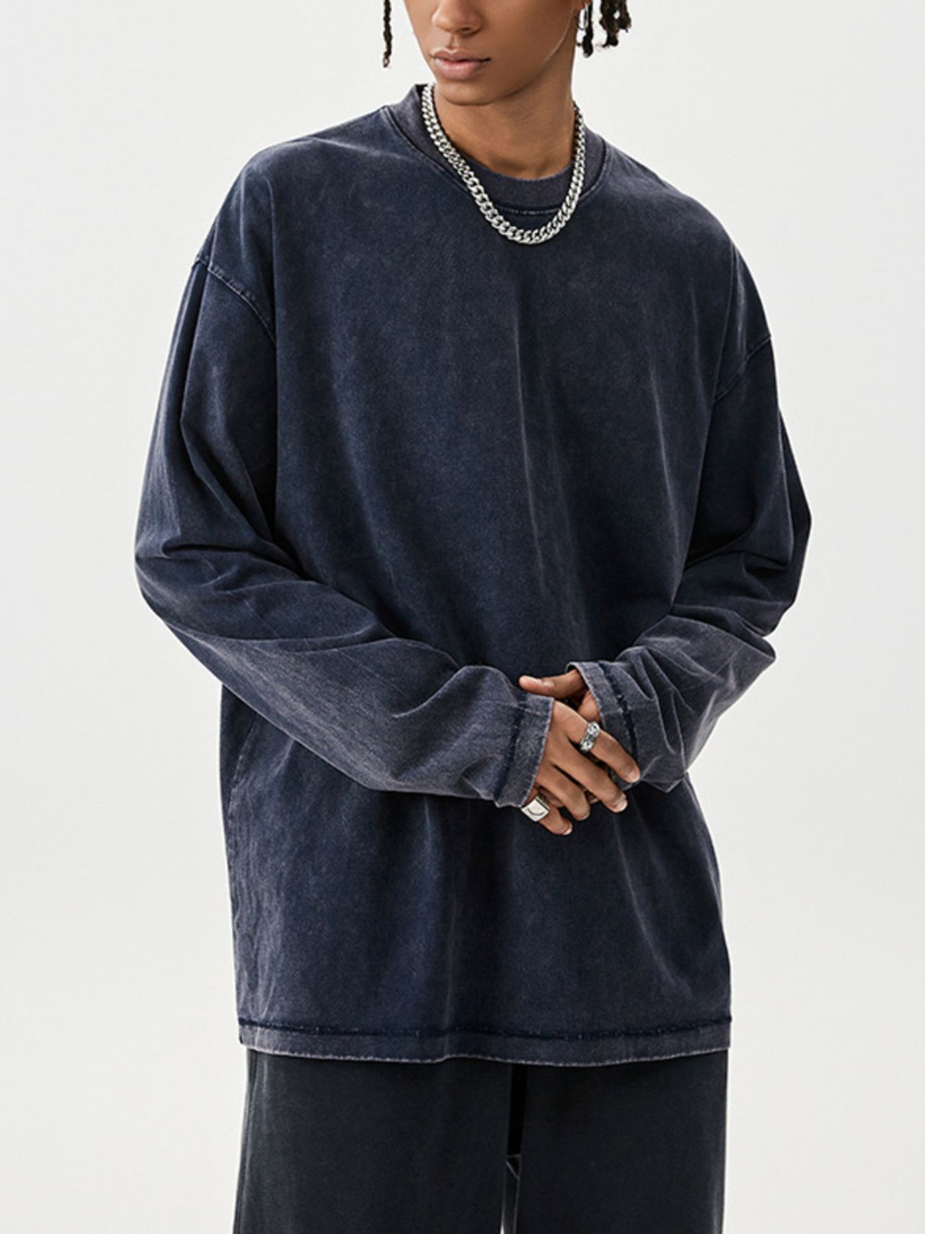 Men's Washed Round Neck Long Sleeve T-Shirt