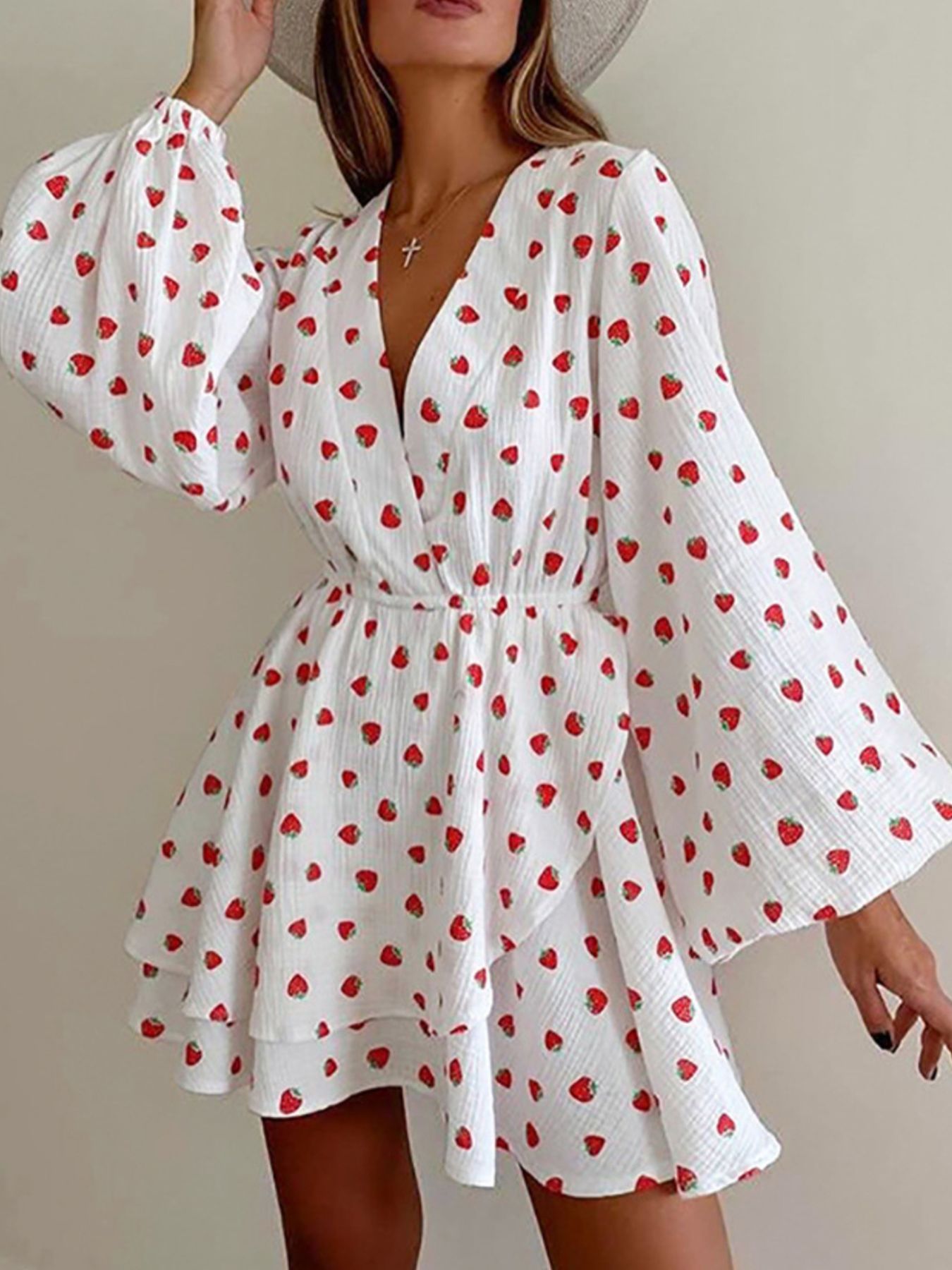 Strawberry Print Long Sleeve Mini Dress