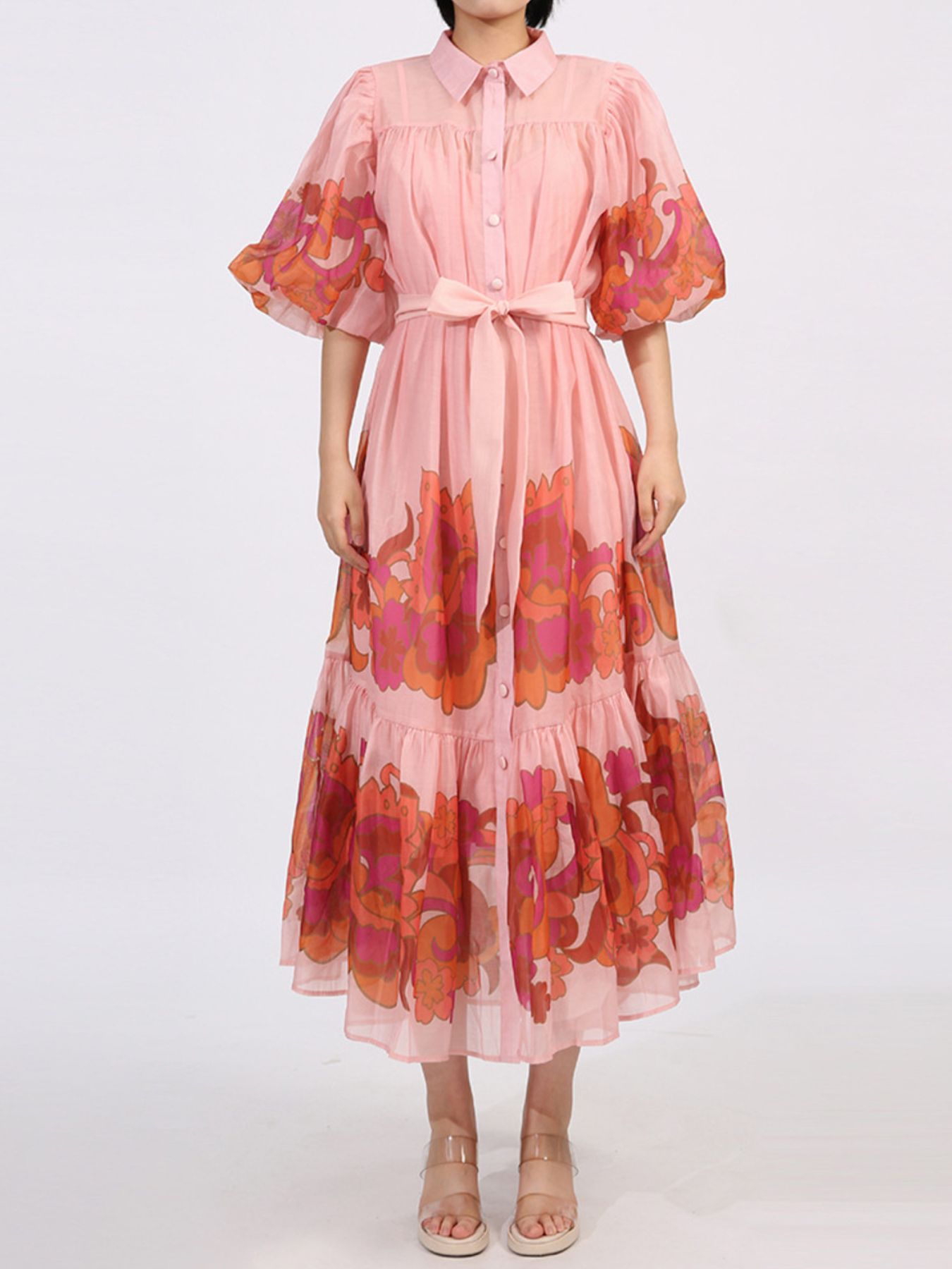 Button Front Puff Sleeve Dress