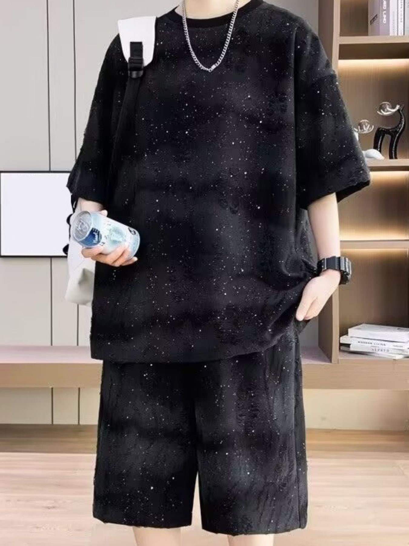 Men's Full Size Round Neck Half Sleeve Top and Shorts Set Plus Size