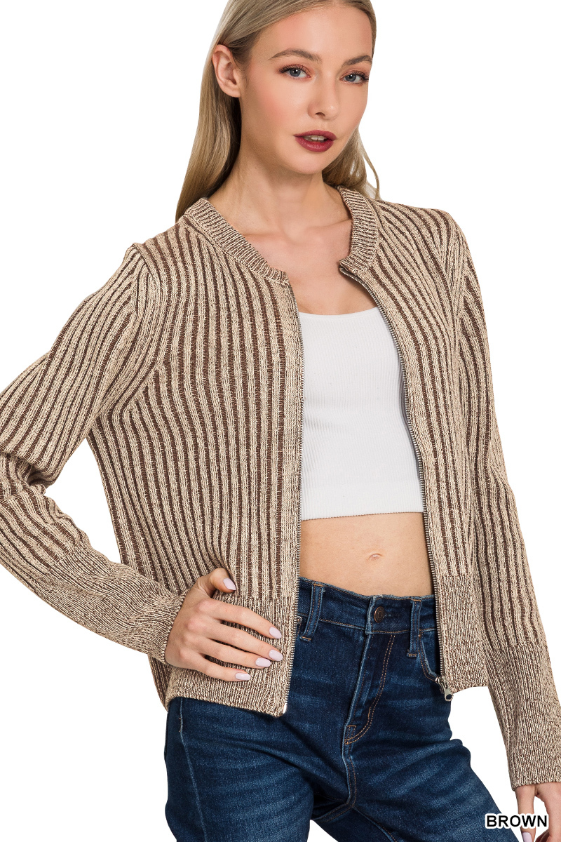 Ribbed Two Tone Zip Up Sweater Cardigan
