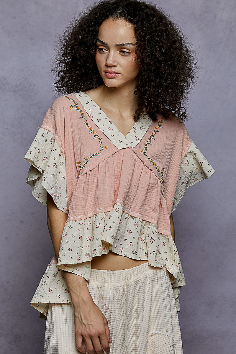 Floral V-Neck Short Sleeve Ruffled Double Gauze Blouse with Embroidery Detail