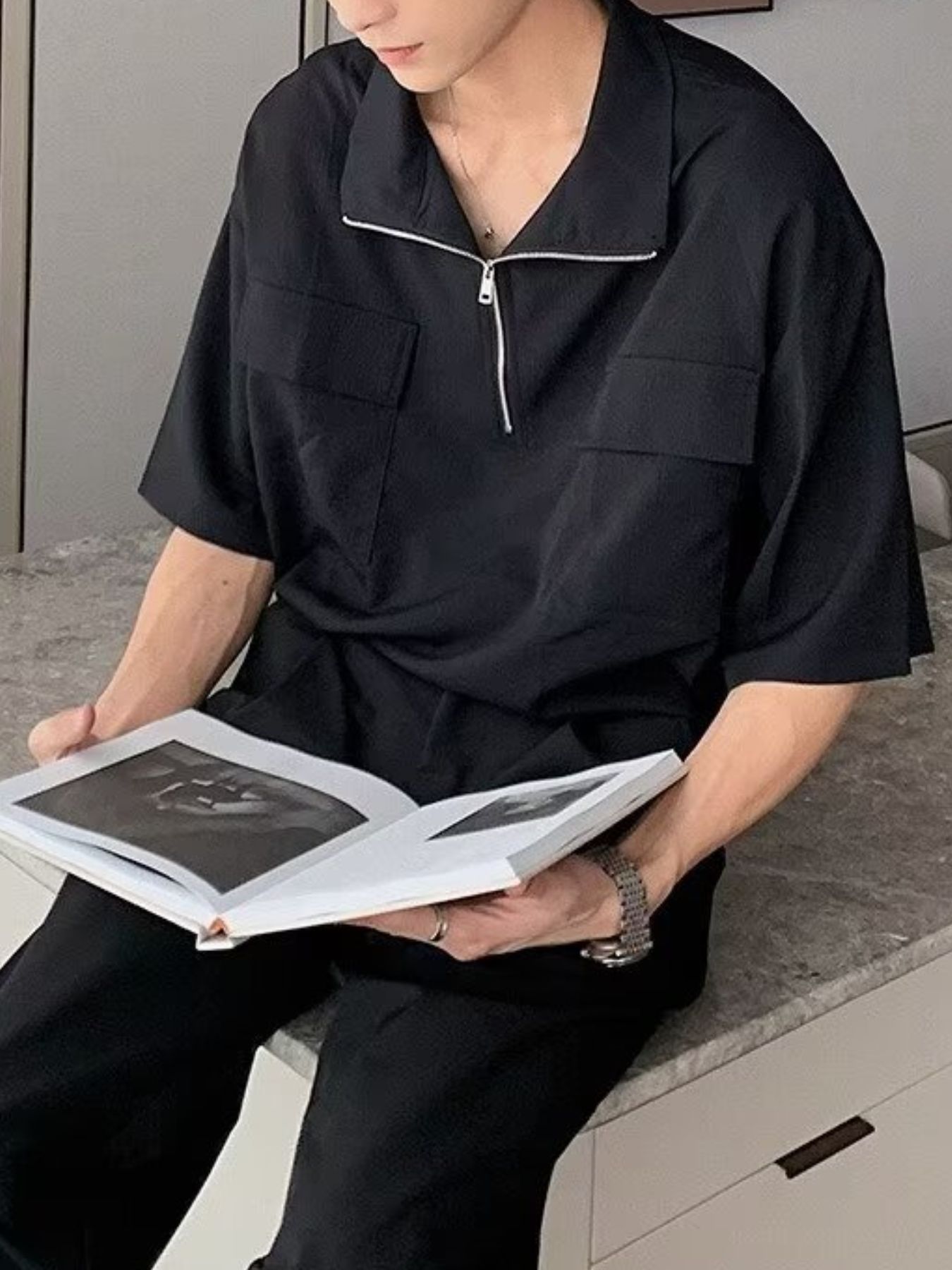 Men's Plus Size Half-Zip Oversized Polo Shirt