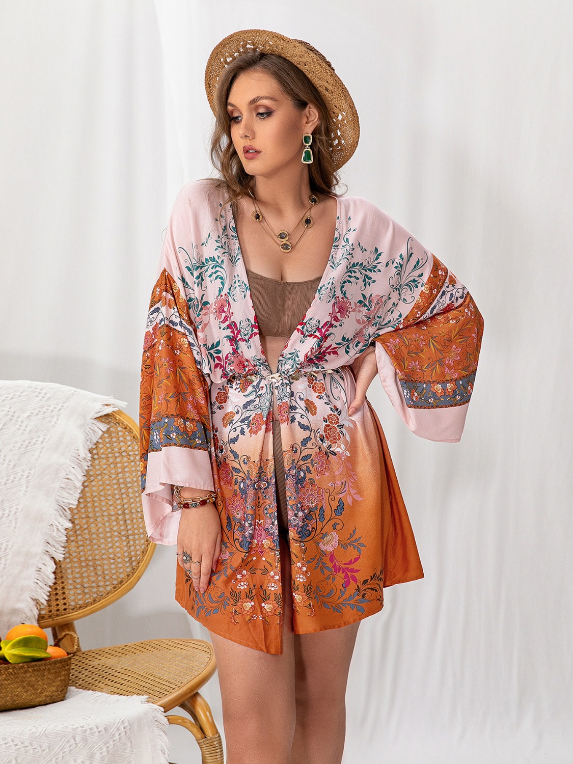 Plus Size Tied Open Front Printed Cover Up