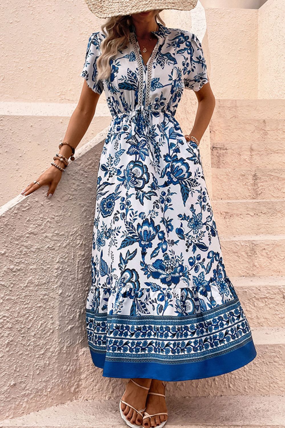 Printed Notched Short Sleeve Dress