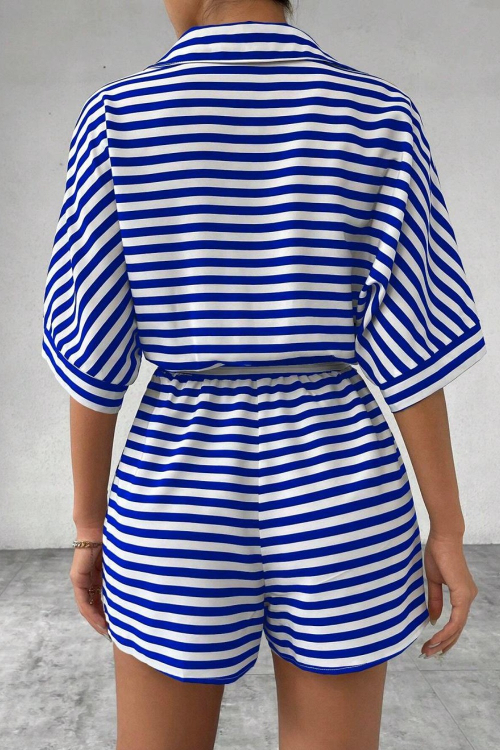 Striped Collared Neck Tie Waist Romper