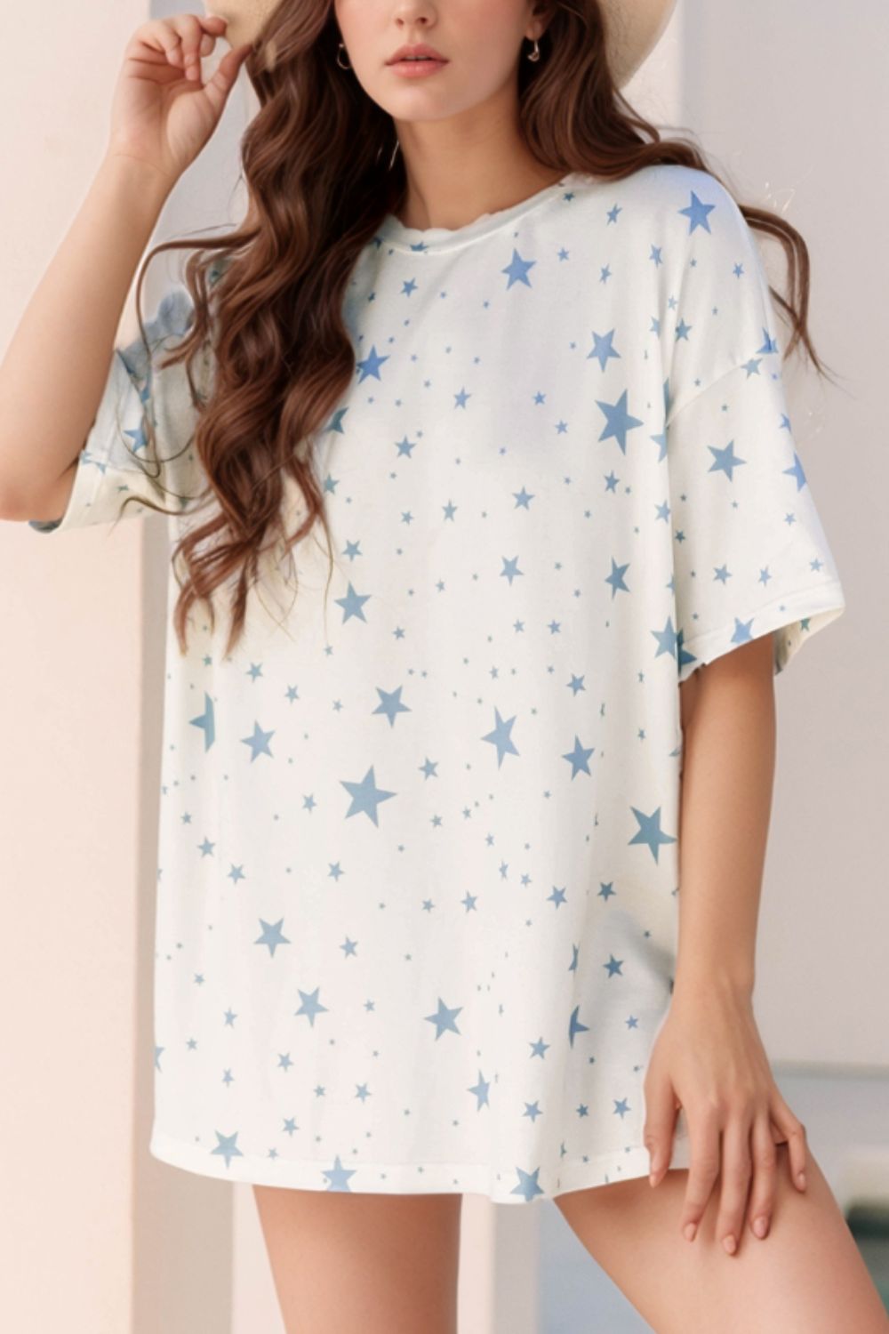 Stars Print Drop Shoulder Oversized T Shirt with Slits