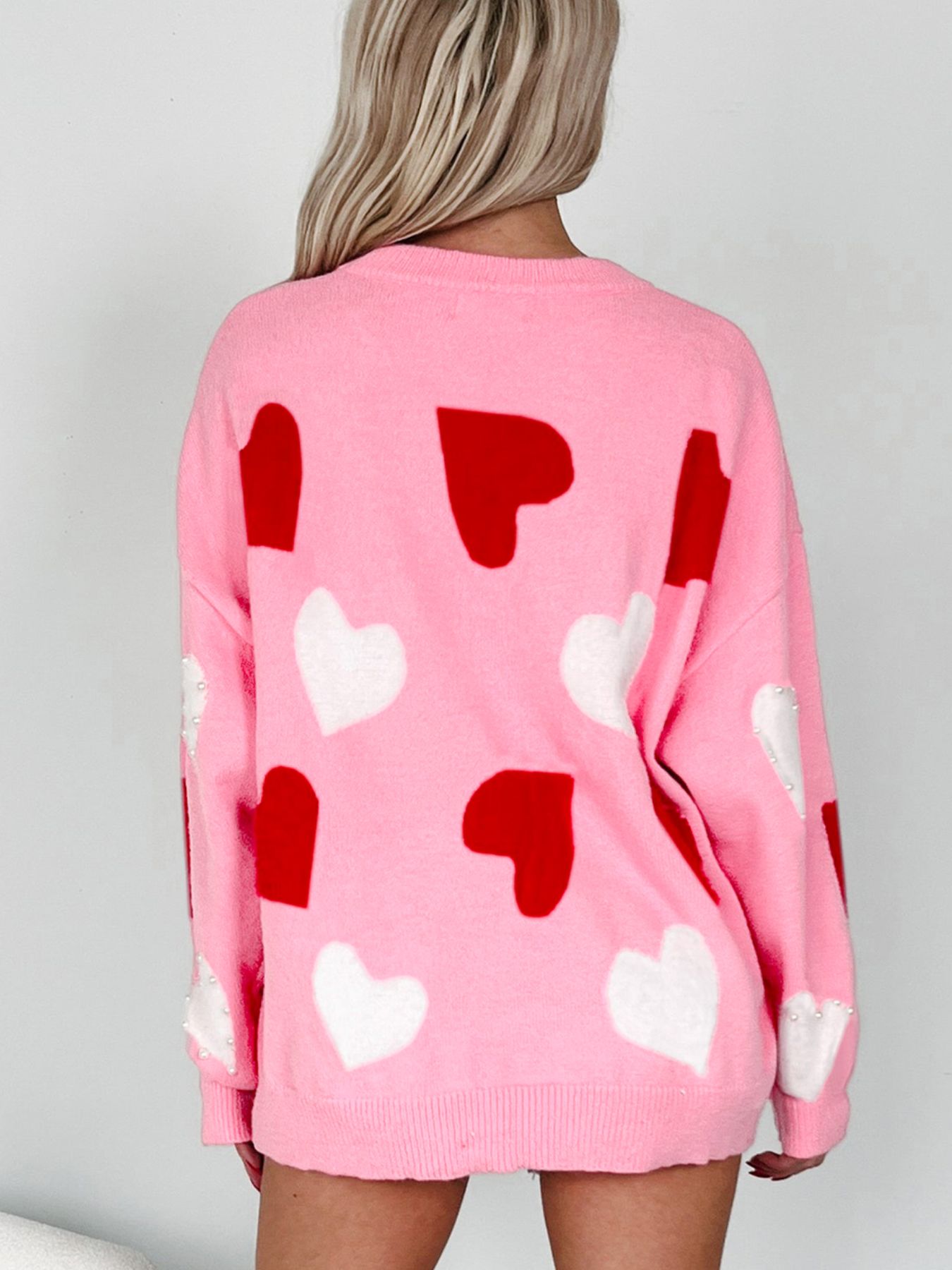 Pearl Embellished Heart Pattern Valentines Day Sweater